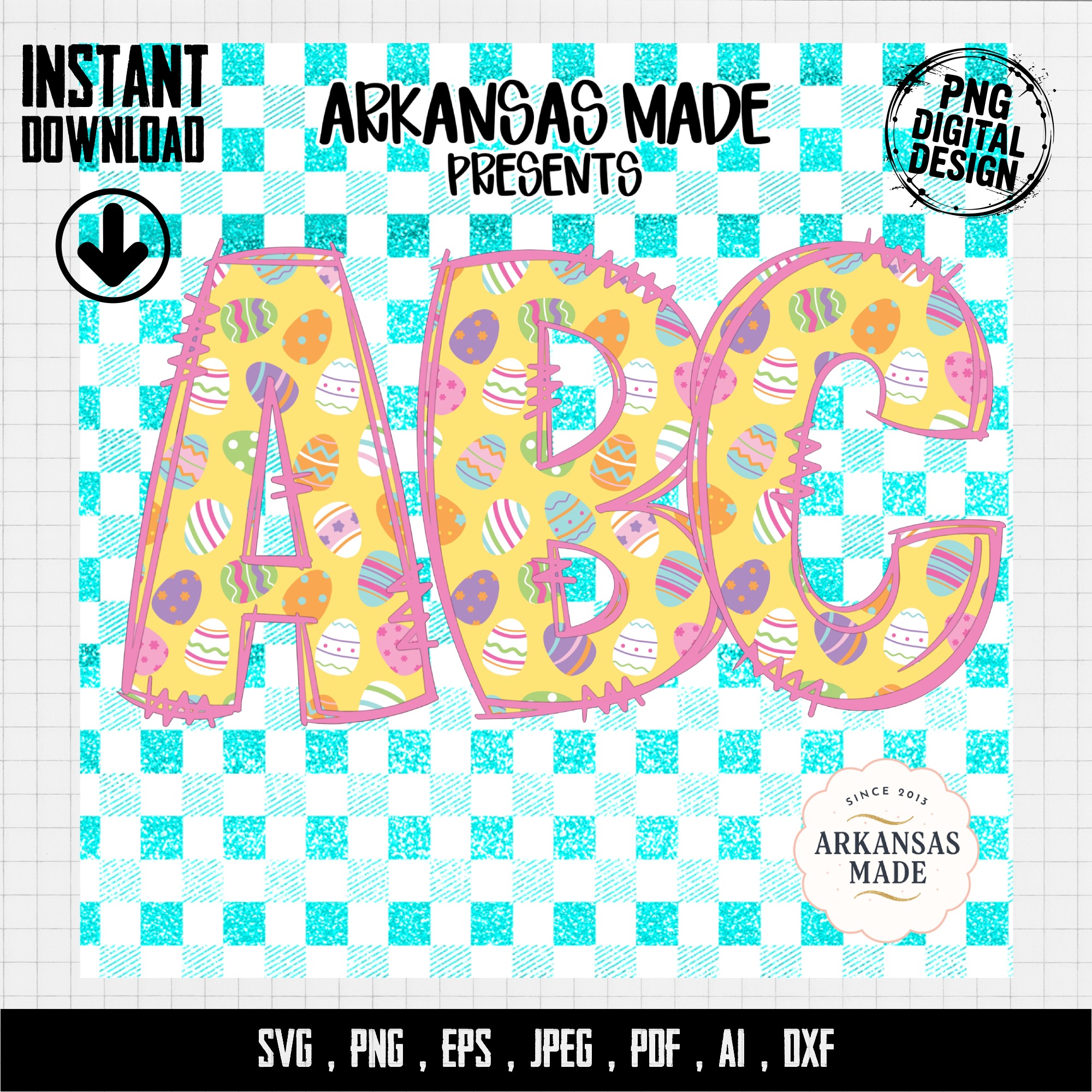 Easter ABC Alphabet Digital Download, Full A-Z Alpha Sublimation DTF PNGs, Spring Eggs Letters Bundle, Glitter Checkered Design - Image 4