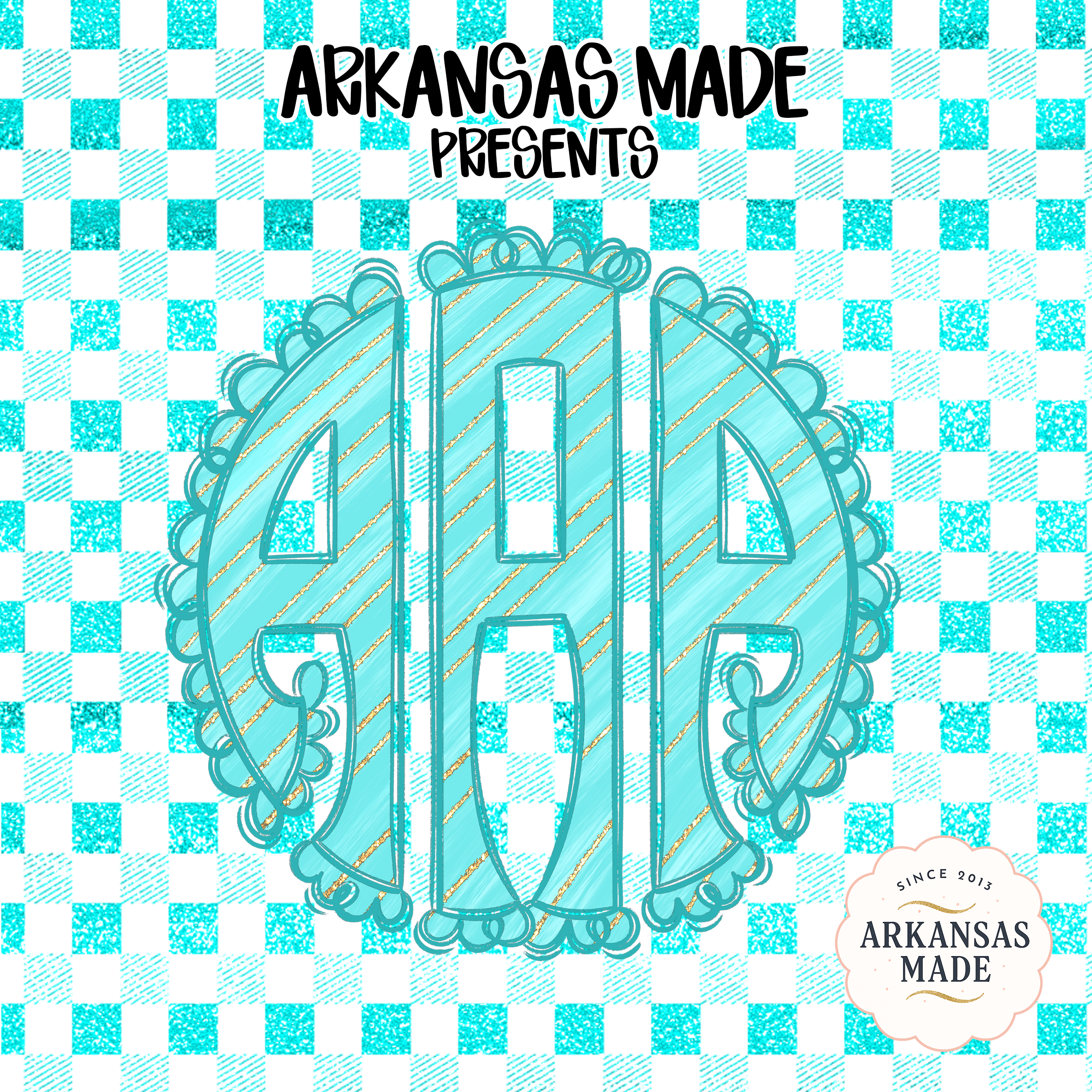 Teal Painted Glitter Scallop Monogram Sublimation PNG, DTF Digital Download, Buffalo Plaid Gingham Initial Custom Design