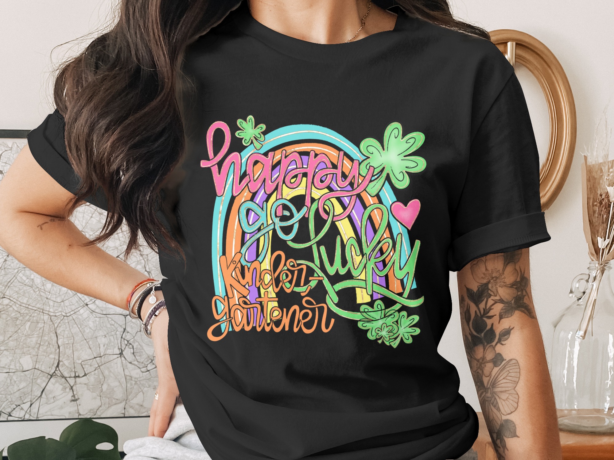 Happy Go Lucky Kindergartener PNG, St Patricks Day Digital Download, Rainbow Shamrock Sublimation Design, Cute Back to School DTF, Kid Tee - Image 2