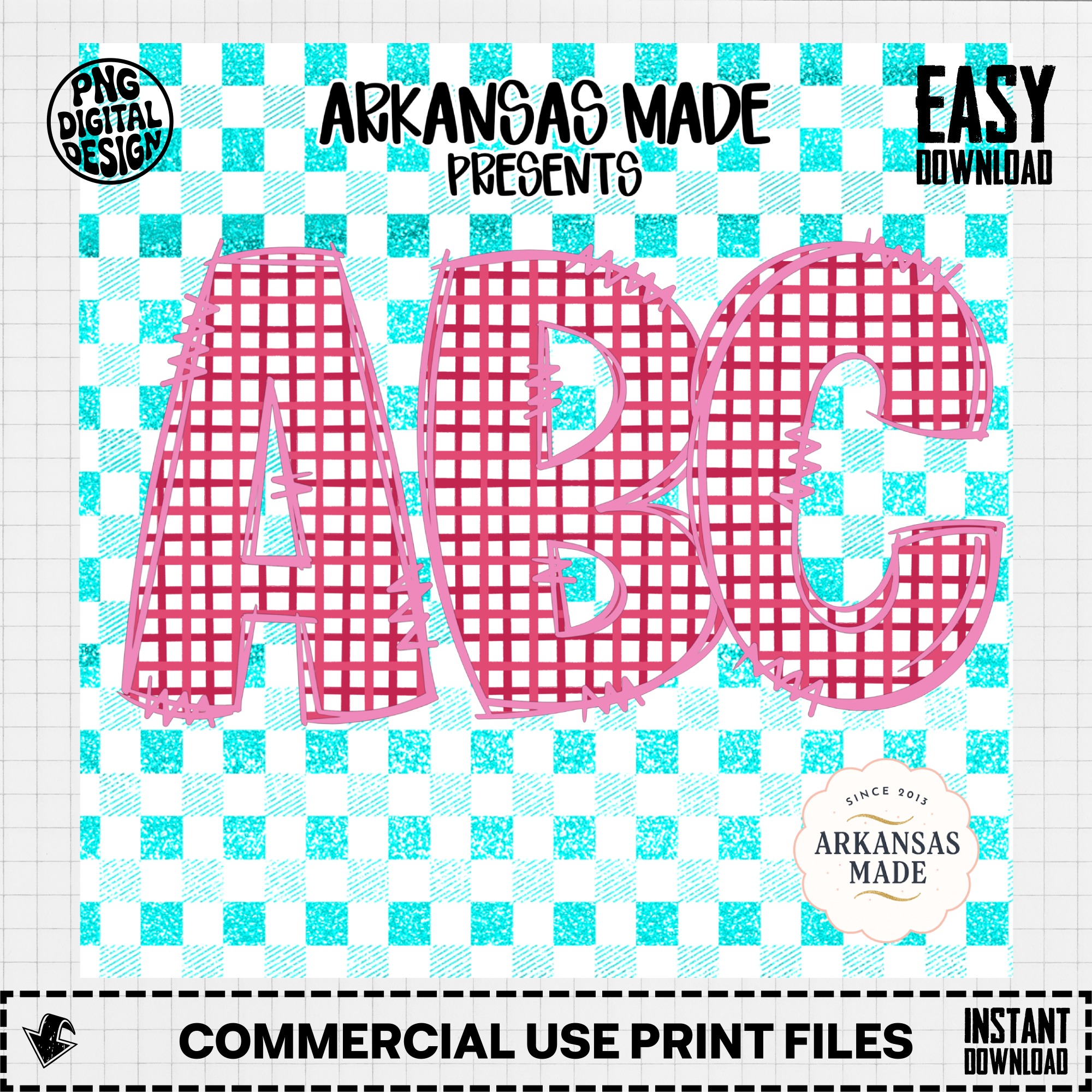 Pink Plaid Alphabet Digital Download, Full A-Z Alpha Sublimation DTF PNGs, Teal Glitter Checkerboard Letters, ABC Font Kit - Image 3