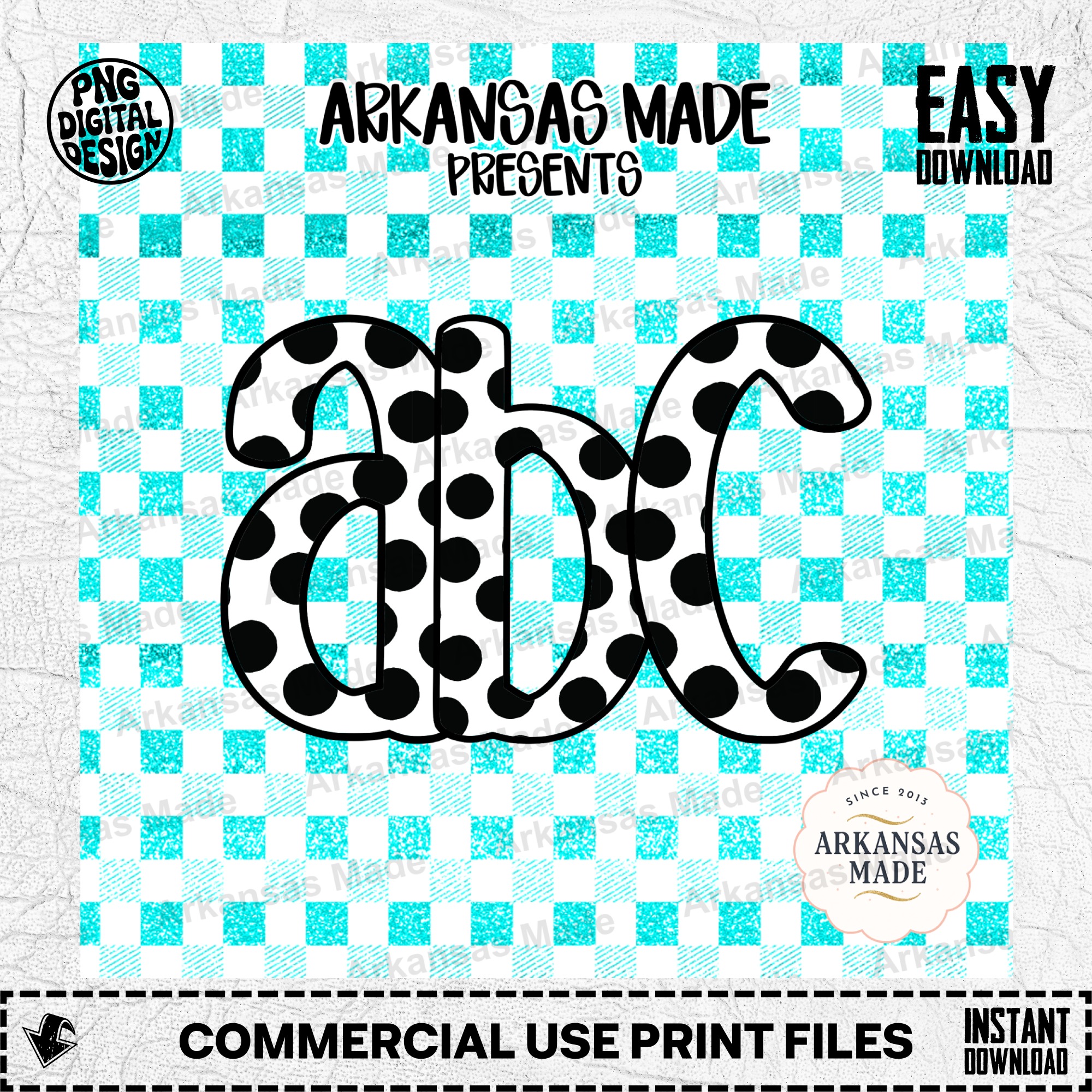 Digital Download Alpha Set, Polka Dot ABC Letters, Teal Gingham Faux Glitter Alphabet SVG PNG, Crafter Design File