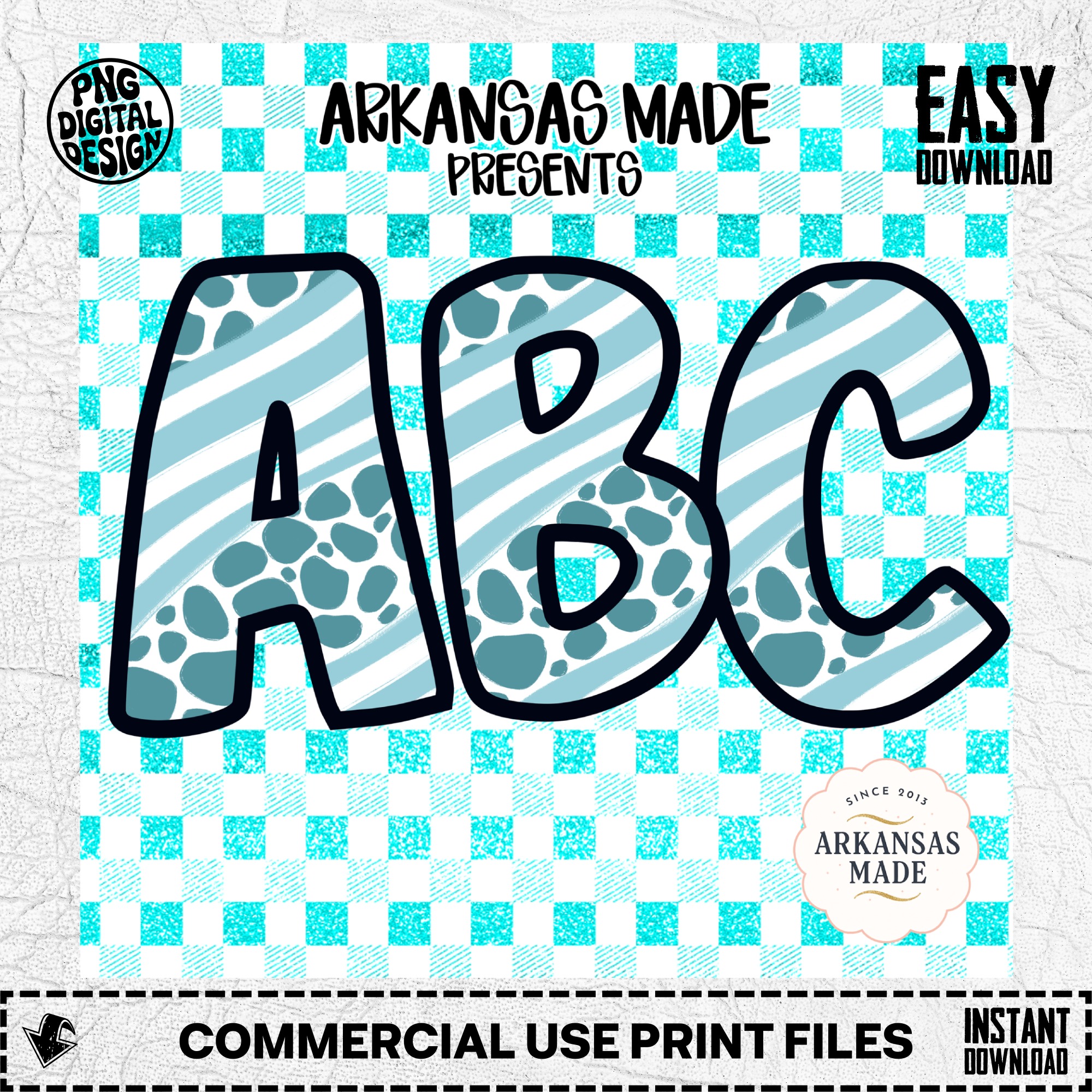 Digital Download Full A-Z Alpha Sublimation DTF PNGs, Teal Gingham Alphabet, Buffalo Plaid, Aqua Stripes and Spots ABC - Image 2
