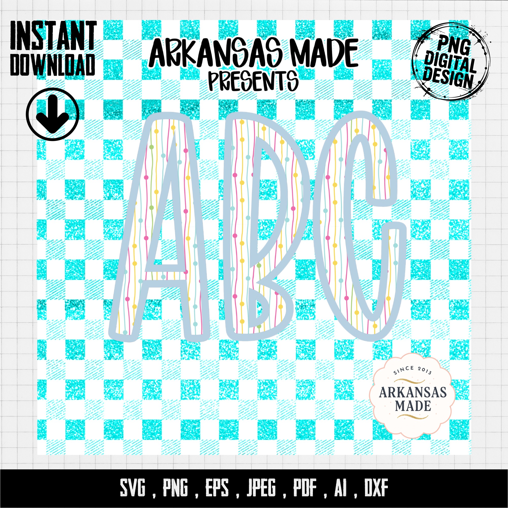 ABC Alphabet Digital Download Full A-Z Alpha, Glitter Gingham PNG, Colorful Letters Sublimation, Preschool DTF Design, Kids Nursery Art - Image 4