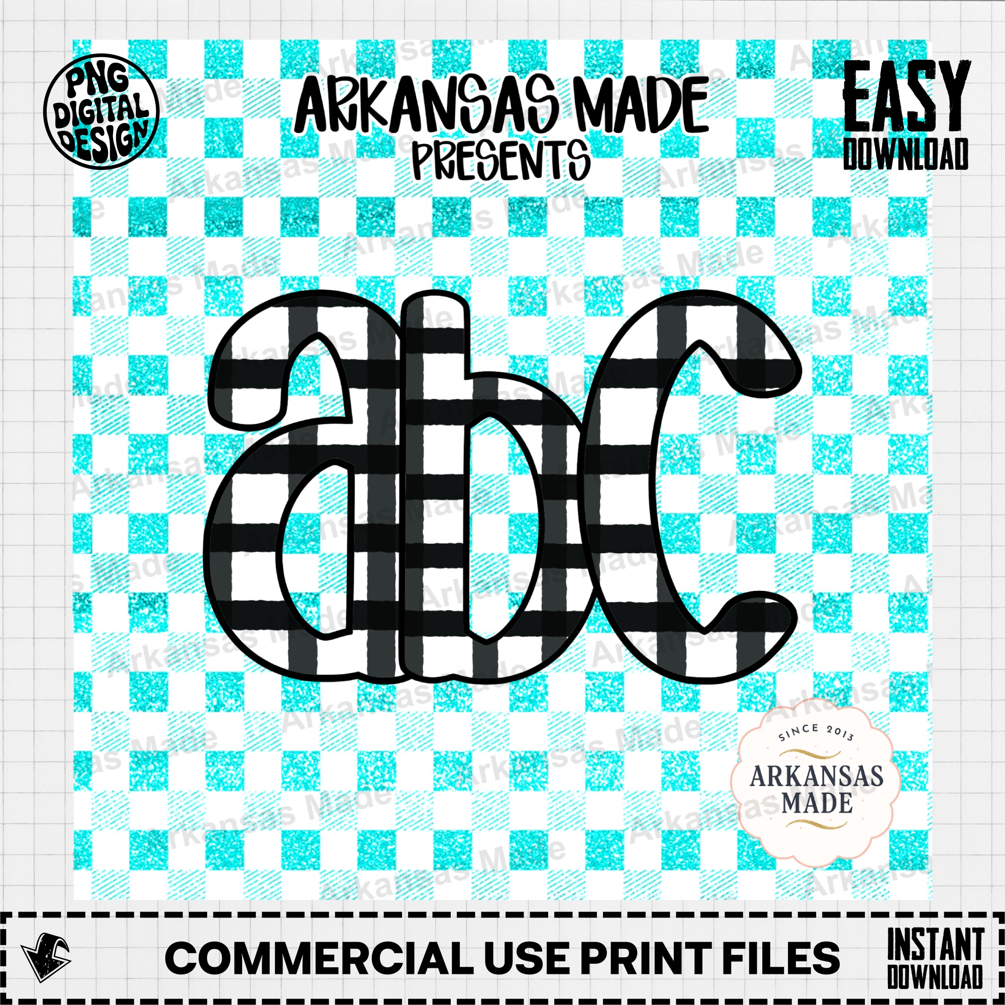 Teal Glitter Buffalo Plaid Digital Download Alpha Set PNG | Rustic Farmhouse Gingham Sparkle Letters Alphabet for Sublimation - Image 2