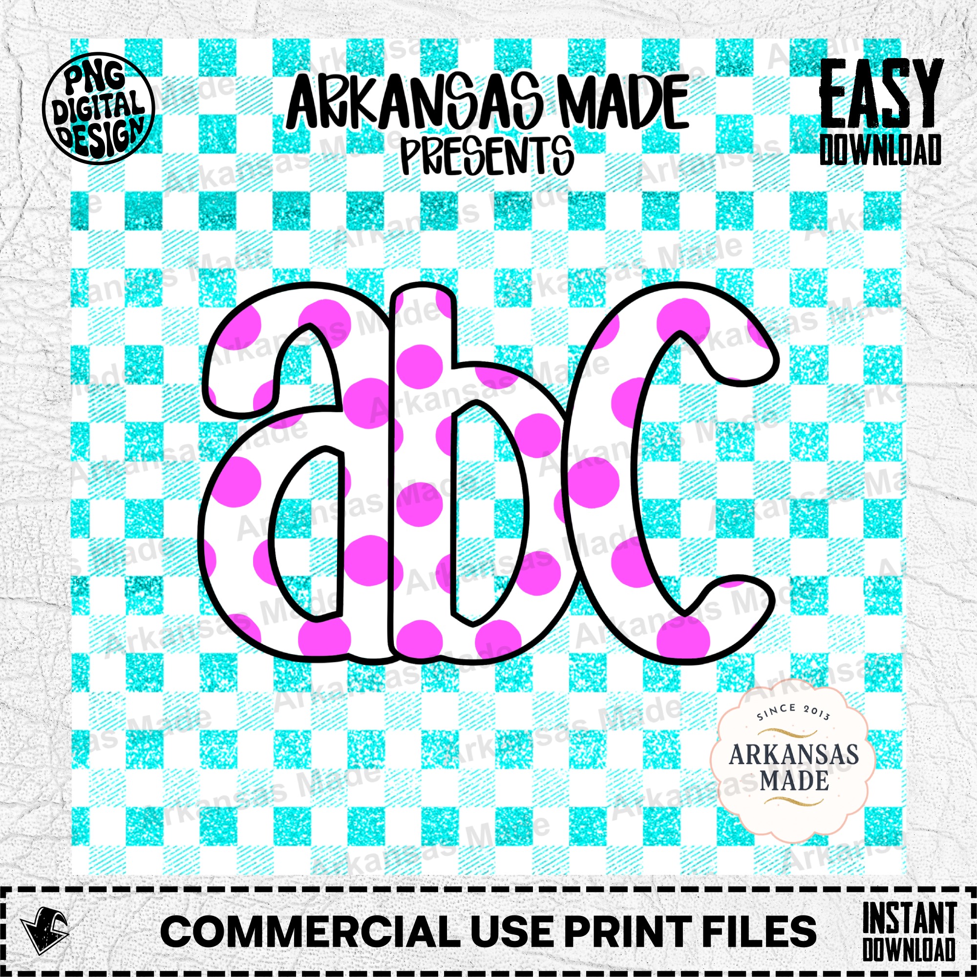ABC Digital Download Alpha Set | Pink Polka Dot Aqua Gingham Letters Clipart | Cute Sublimation PNG