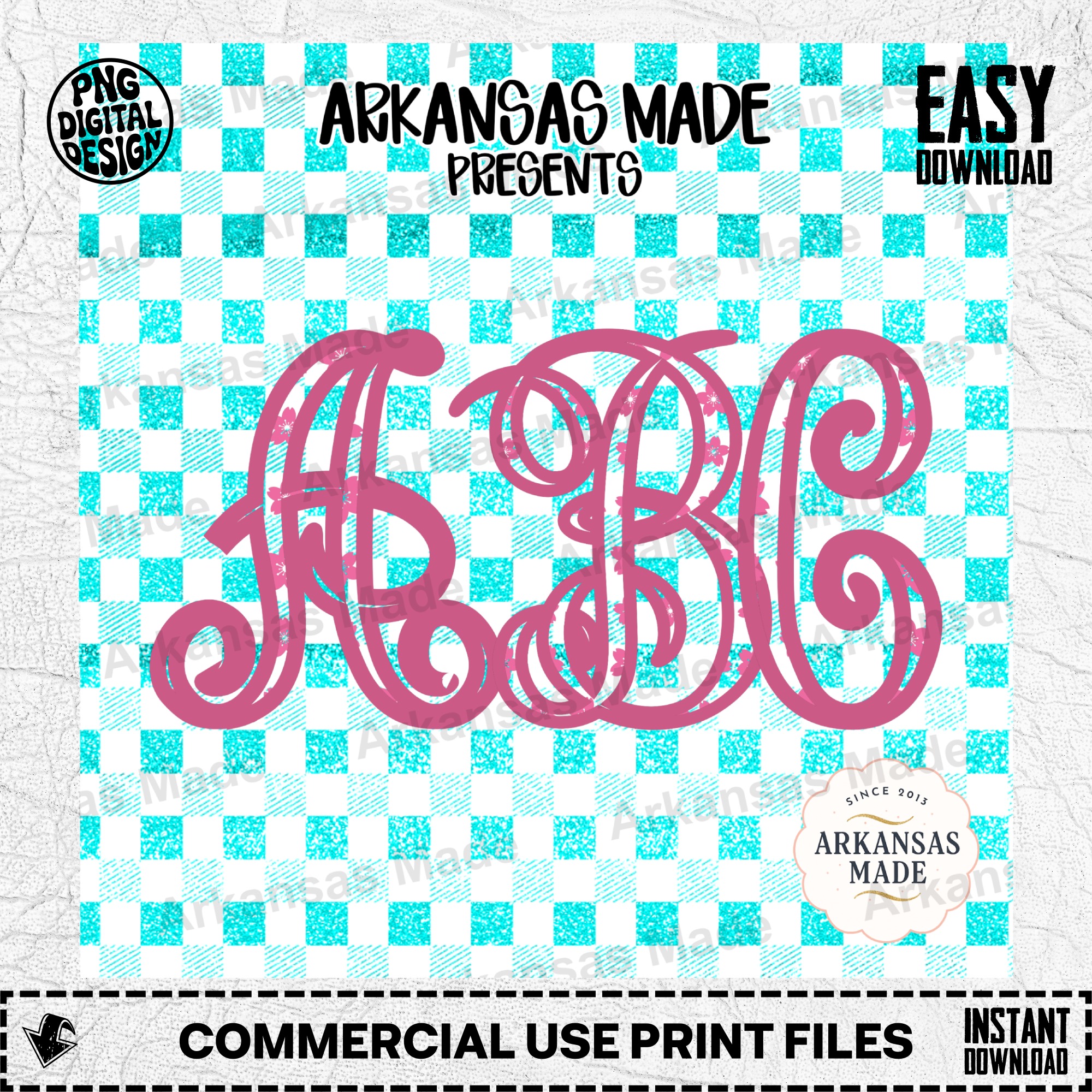Pink Cherry Blossom Monogram SVG PNG Font Letters, Faux Glitter Teal Gingham Alpha Set, Personalized Digital Download