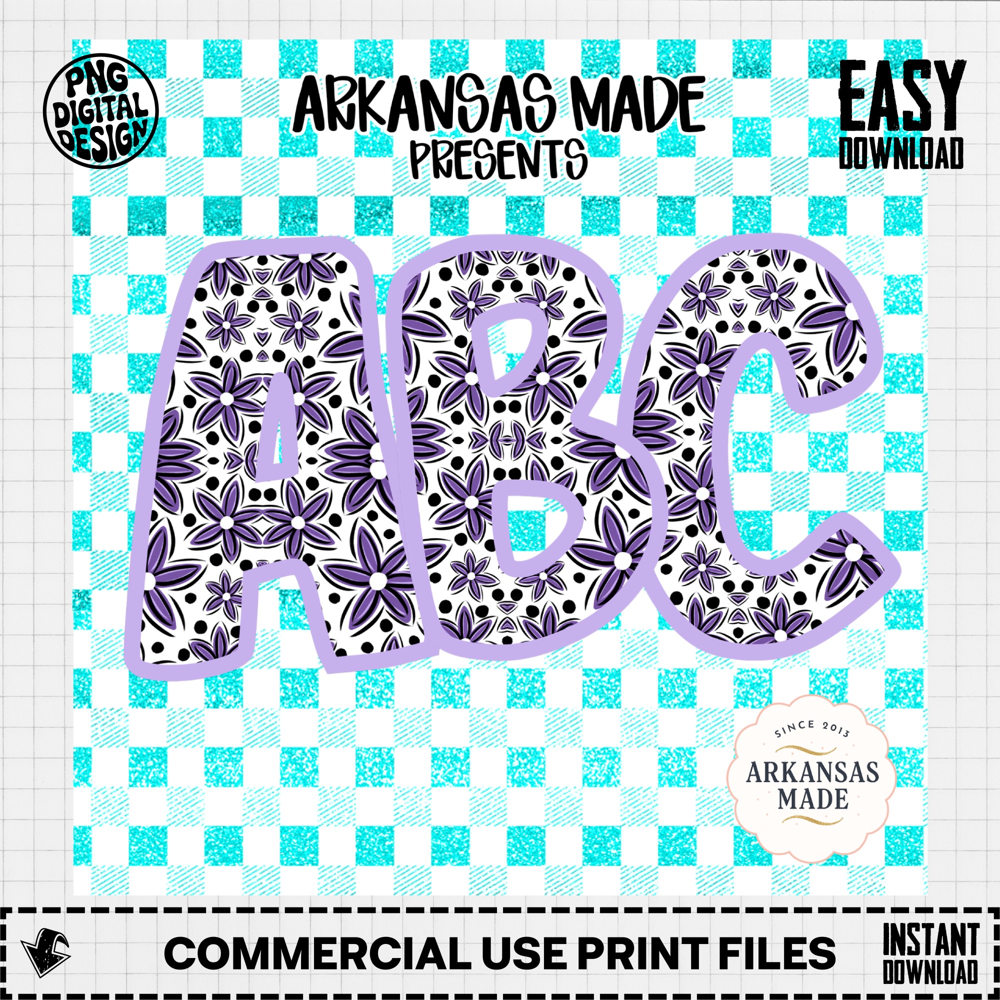 Purple Floral Mandala Alphabet Letters, Digital Download Full A-Z Alpha Set, Aqua Buffalo Plaid Sublimation DTF PNGs, ABC Font - Image 3