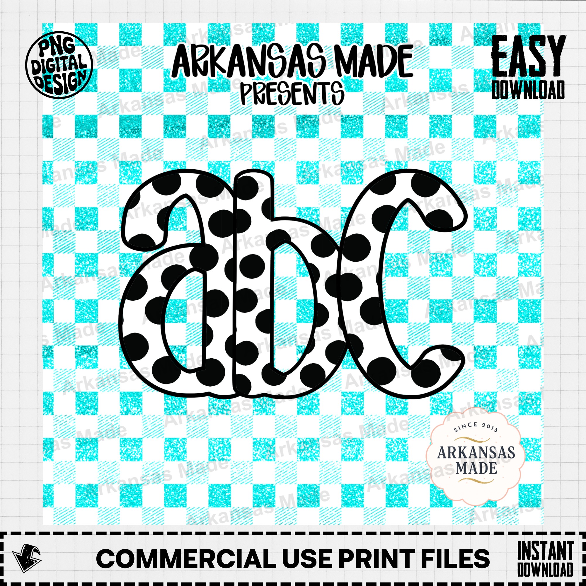 Digital Download Alpha Set, Polka Dot ABC Letters, Teal Gingham Faux Glitter Alphabet SVG PNG, Crafter Design File - Image 2