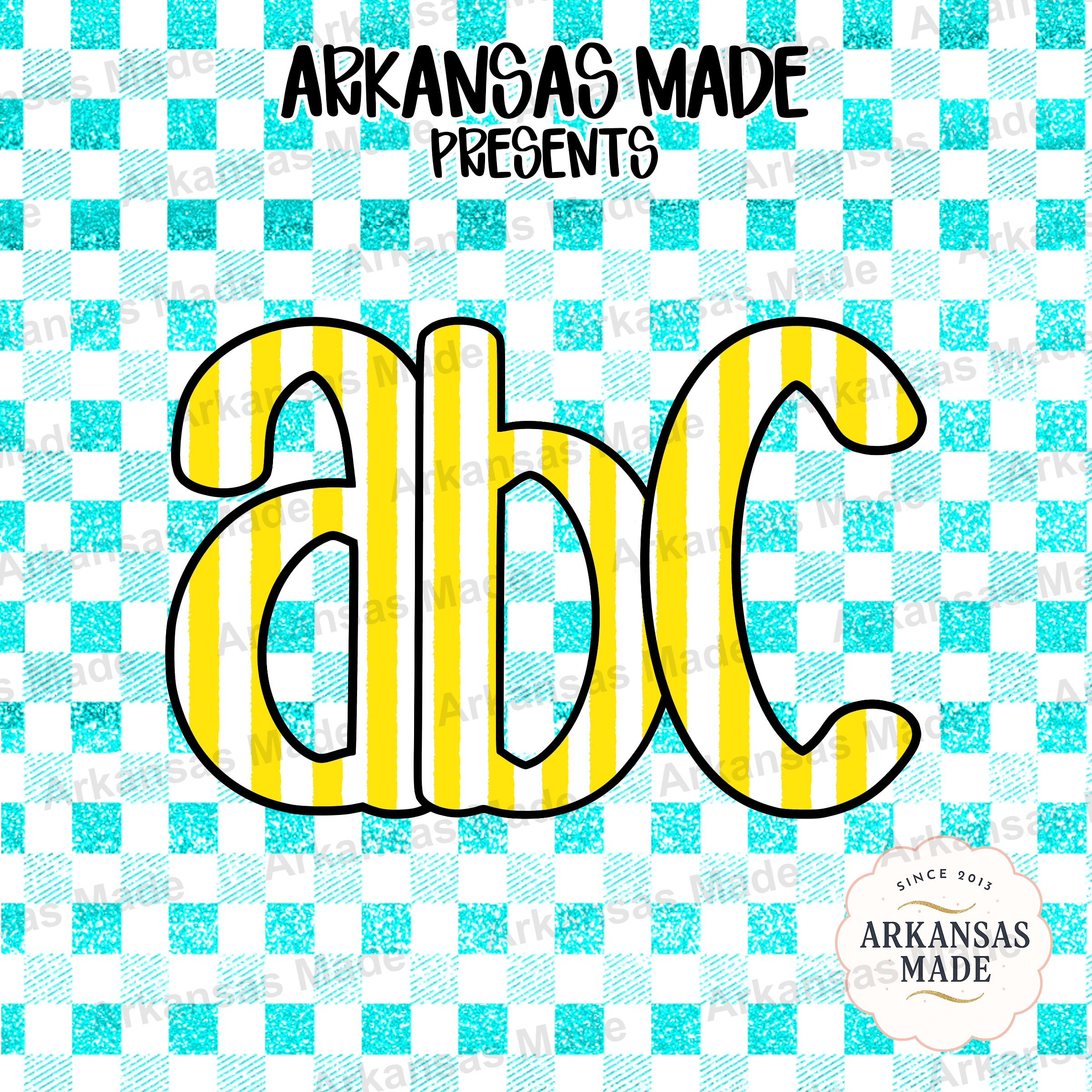ABC Alphabet Digital Download Set, Yellow Striped Letters PNG, Faux Glitter Teal Gingham Clipart Bundle - Image 4