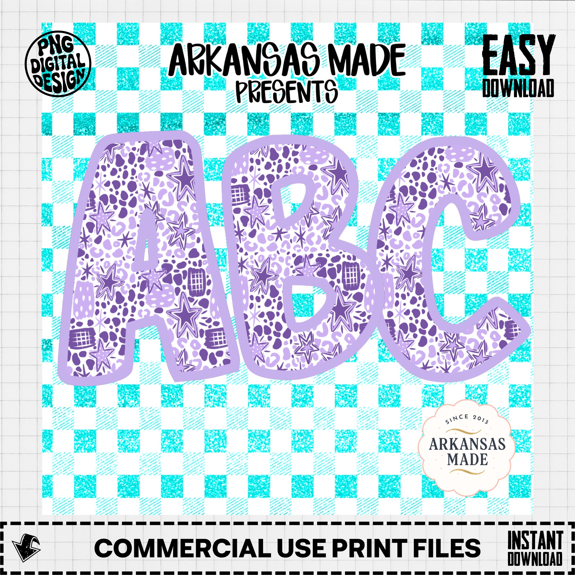 Purple Leopard Star Alphabet, Glitter Aqua Checkered Background, Digital Download Full A-Z Alpha, Sublimation DTF PNGs, Instant Art - Image 3
