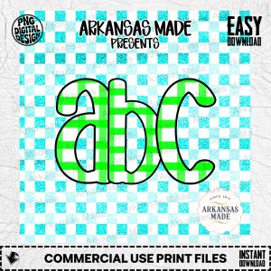 Green Gingham Alpha Set Digital Download | Glitter ABC Letters Clipart PNG | Preppy Font Graphic for Crafts & Nursery Decor