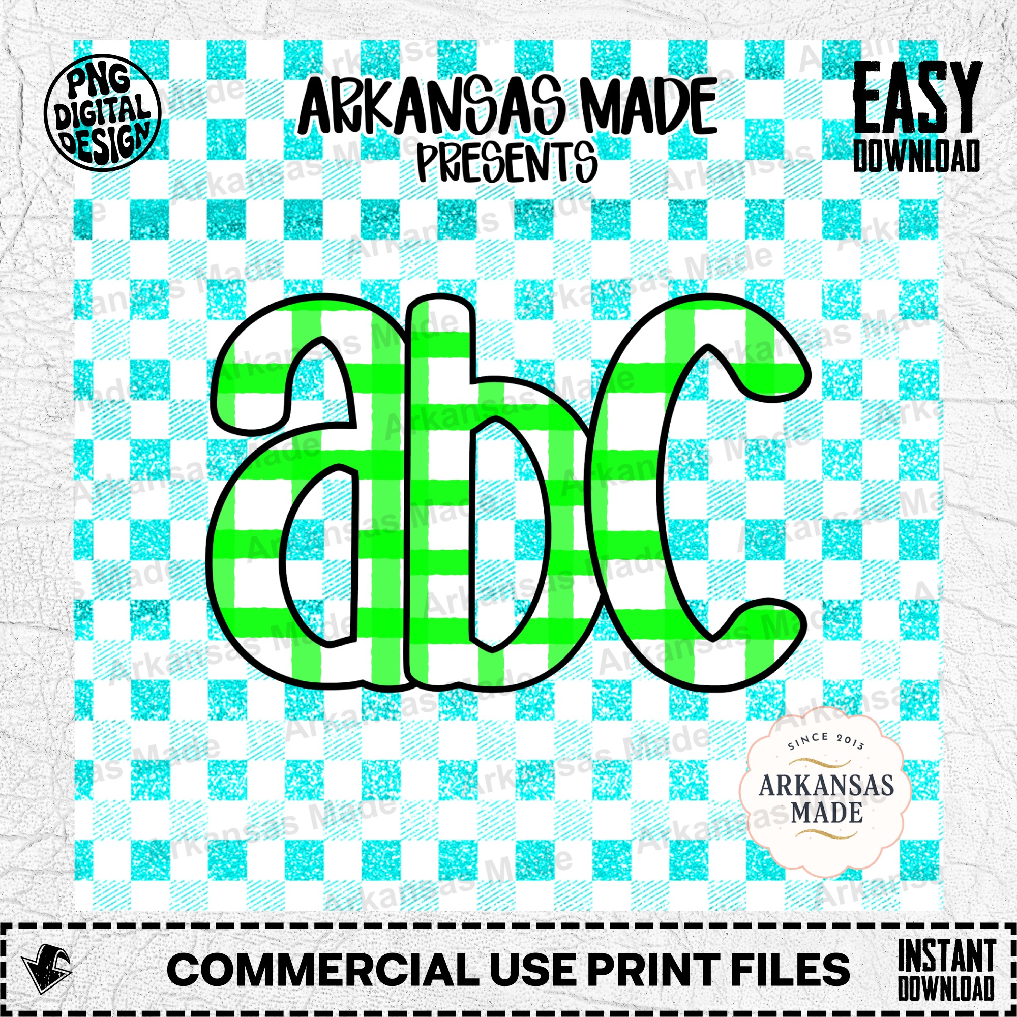 Green Gingham Alpha Set Digital Download | Glitter ABC Letters Clipart PNG | Preppy Font Graphic for Crafts & Nursery Decor