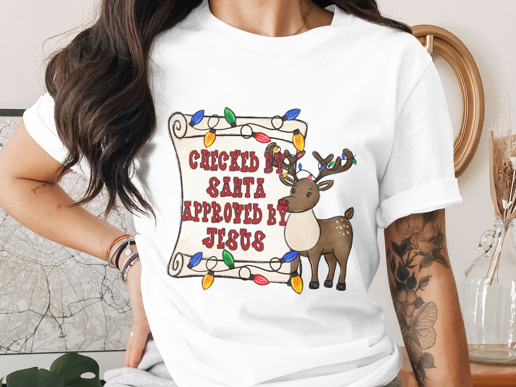 Checked by Santa Approved by Jesus PNG, Christmas Reindeer Lights Digital Download, Christian Holiday Sublimation DTF, Xmas Faith Tee Design