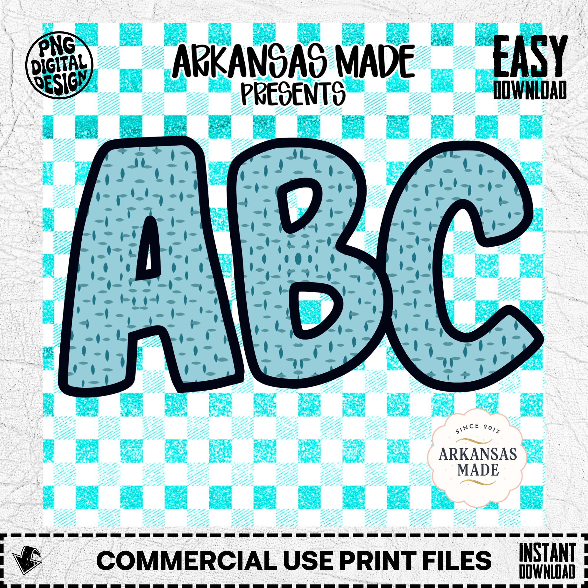 Teal Gingham ABC Letters Alphabet, Full A-Z Alpha Digital Download, Sublimation DTF PNGs Bundle, Nursery Decor, Crafting Font, Instant - Image 2