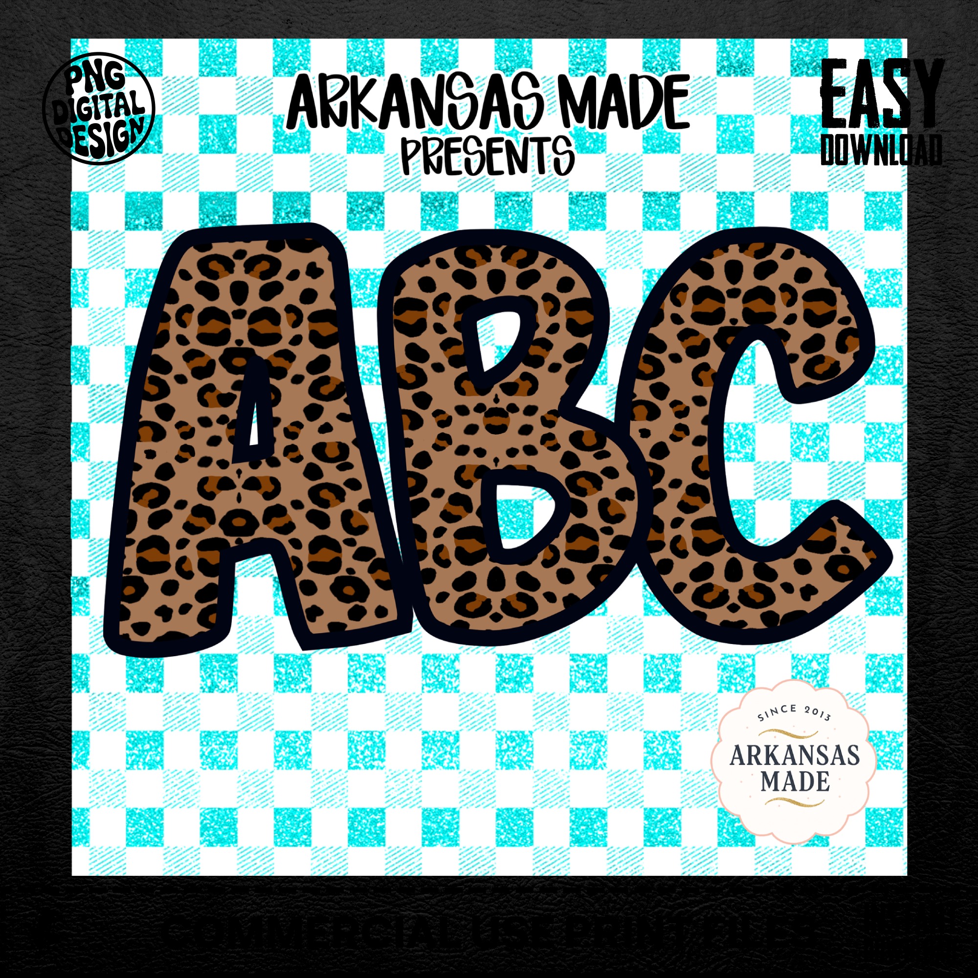 Digital Leopard Print ABC Alphabet PNGs, Full A-Z Alpha Sublimation DTF Download, Teal Gingham Glitter Letters, Wild Animal Print - Image 5
