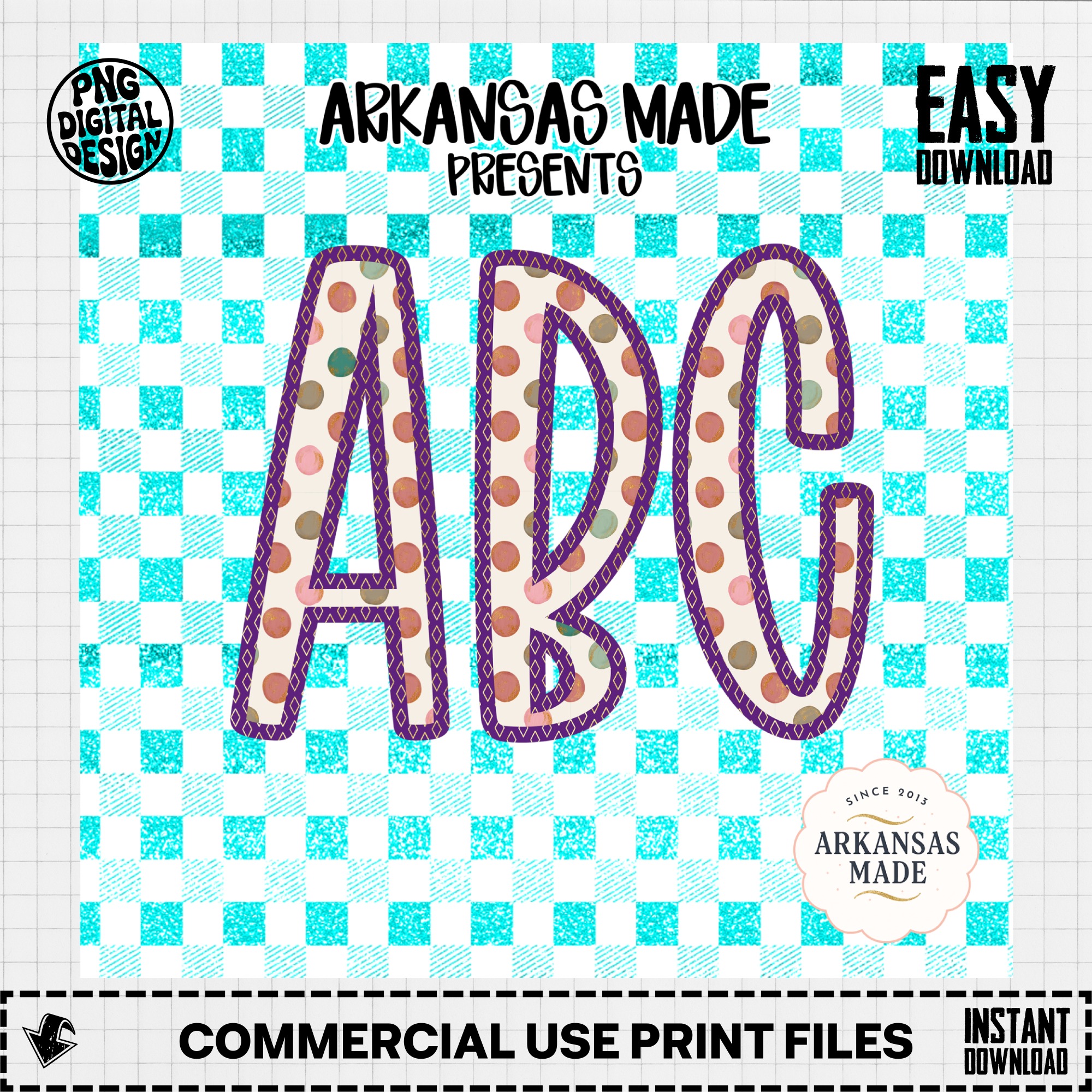 Vibrant ABC Polka Dot Alphabet, Full A-Z Alpha Digital Download, Glitter Gingham Sublimation DTF PNGs, Playful Letters, Instant File - Image 3
