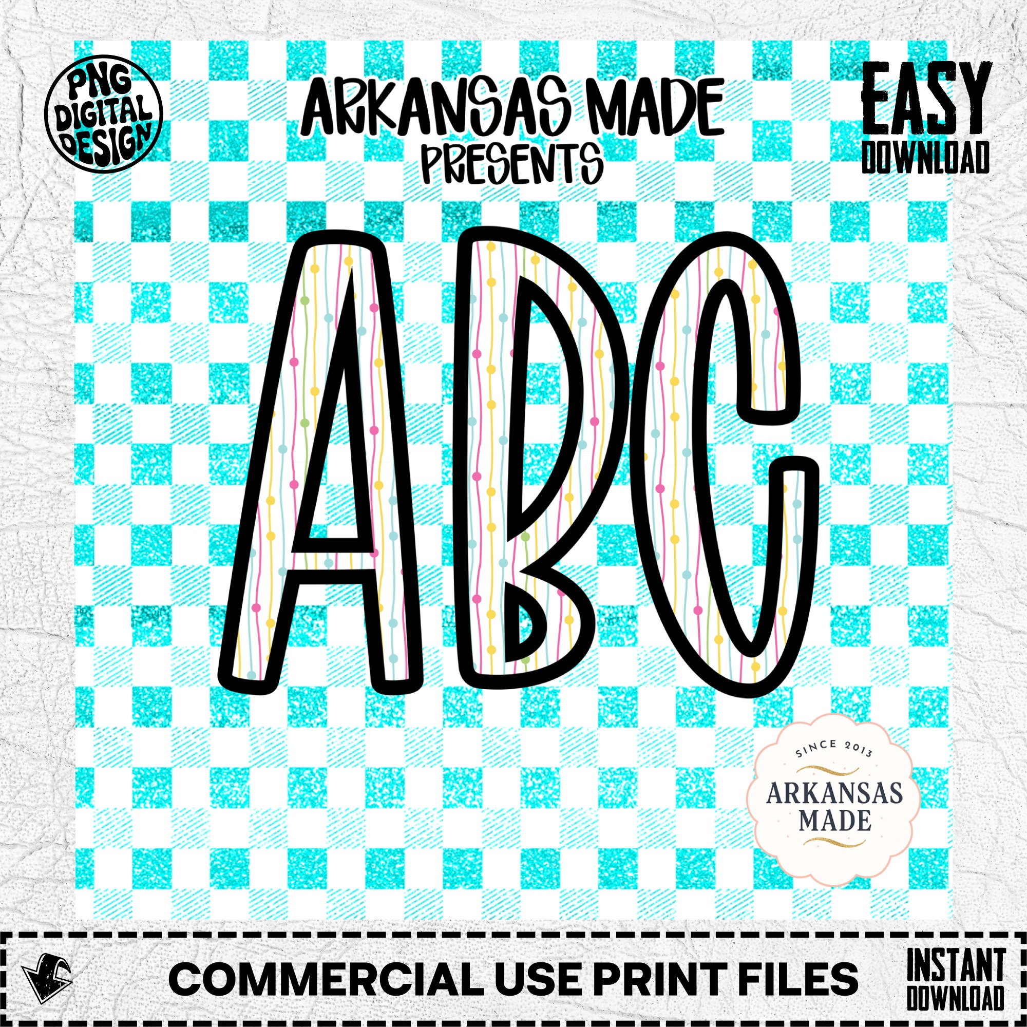 Digital Download Full A-Z Alpha, Glitter Teal Checkered Alphabet, Sublimation DTF PNGs, Colorful Striped Letters, ABC Print Set, Instant - Image 2
