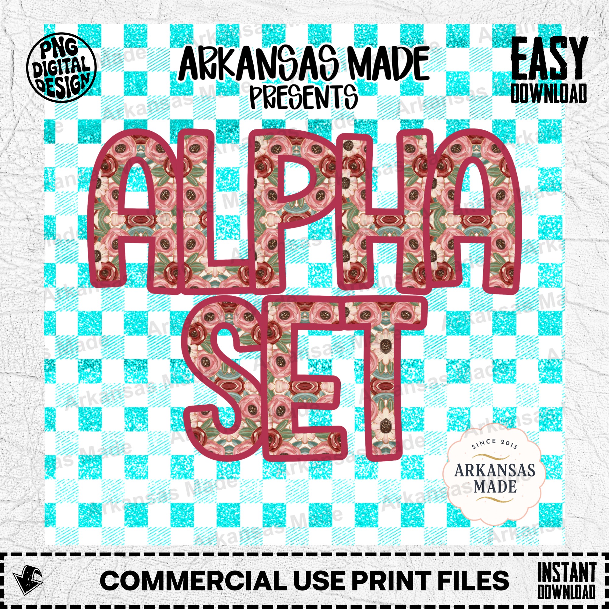 Floral Alpha Set Digital Download PNG | Pink Rose Faux Glitter Letters | Teal Buffalo Plaid Font Clipart | Sublimation Alphabet