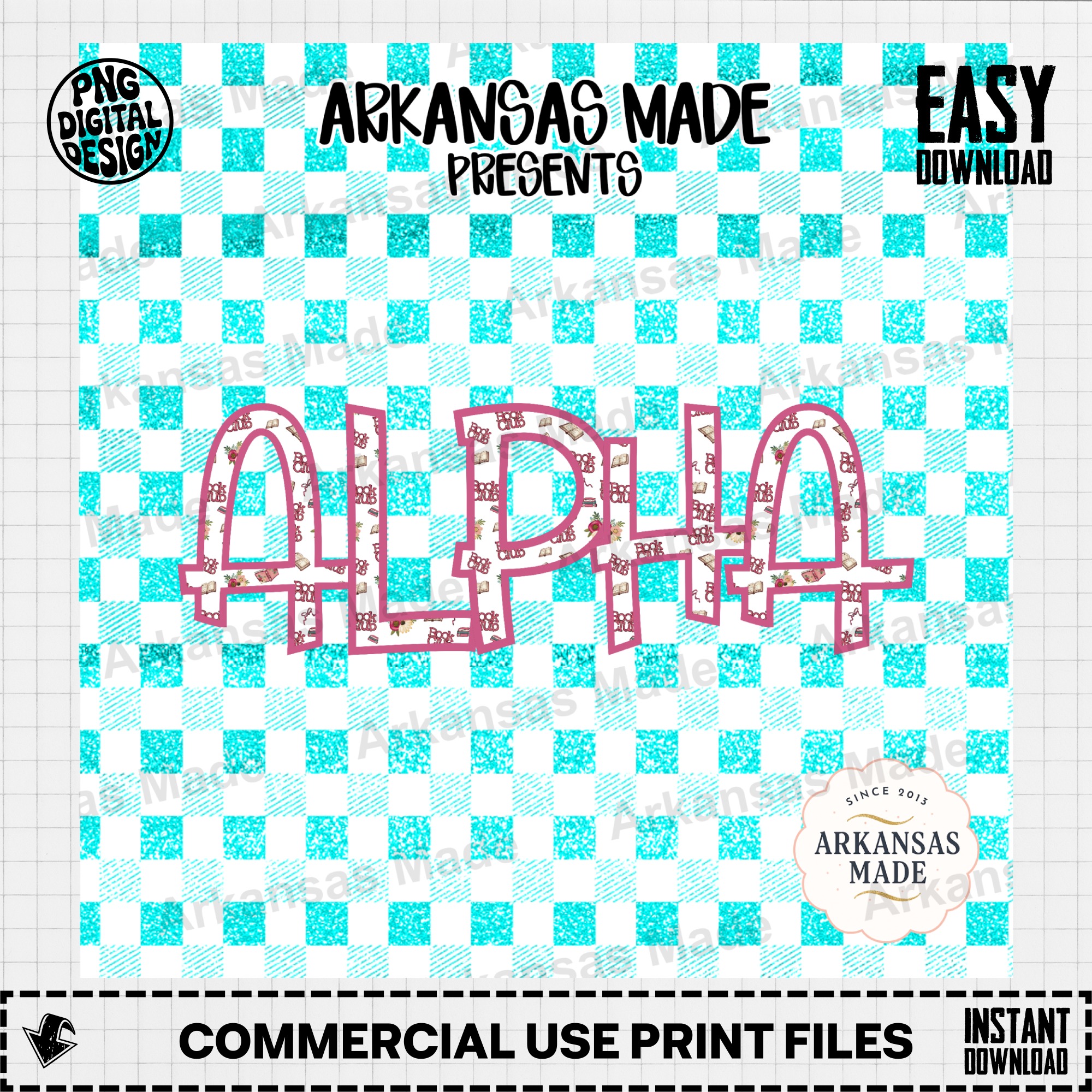 Book Club Digital Alpha Set PNG, Glitter Teal Check Book Lover Alphabet, Reading Letters Sublimation, Planner Stickers - Image 2