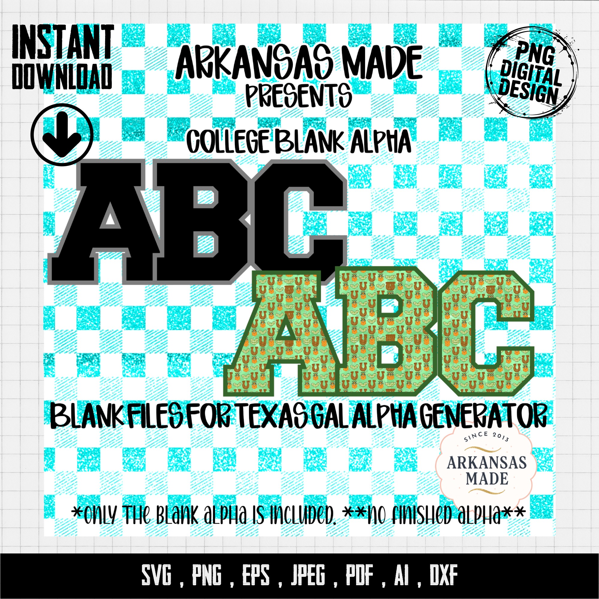 College Blank Alpha PNG, Digital Download, Sublimation DTF Files, Arkansas Made Texas Gal Alpha Generator, Customizable Alphabet Letters - Image 3