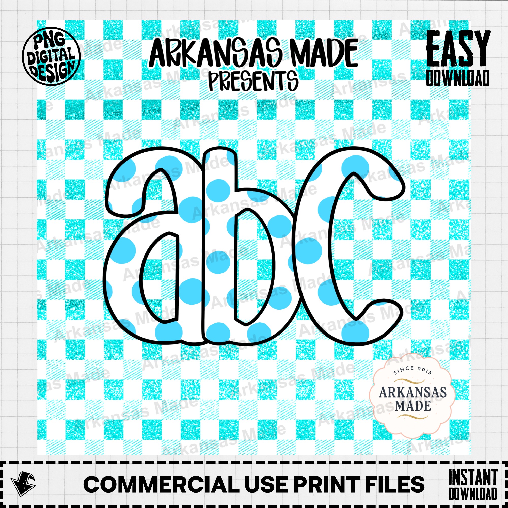Blue Polka Dot Alphabet Digital Alpha Set | Glitter Gingham Letters PNG | Cute Sublimation Font Download - Image 2