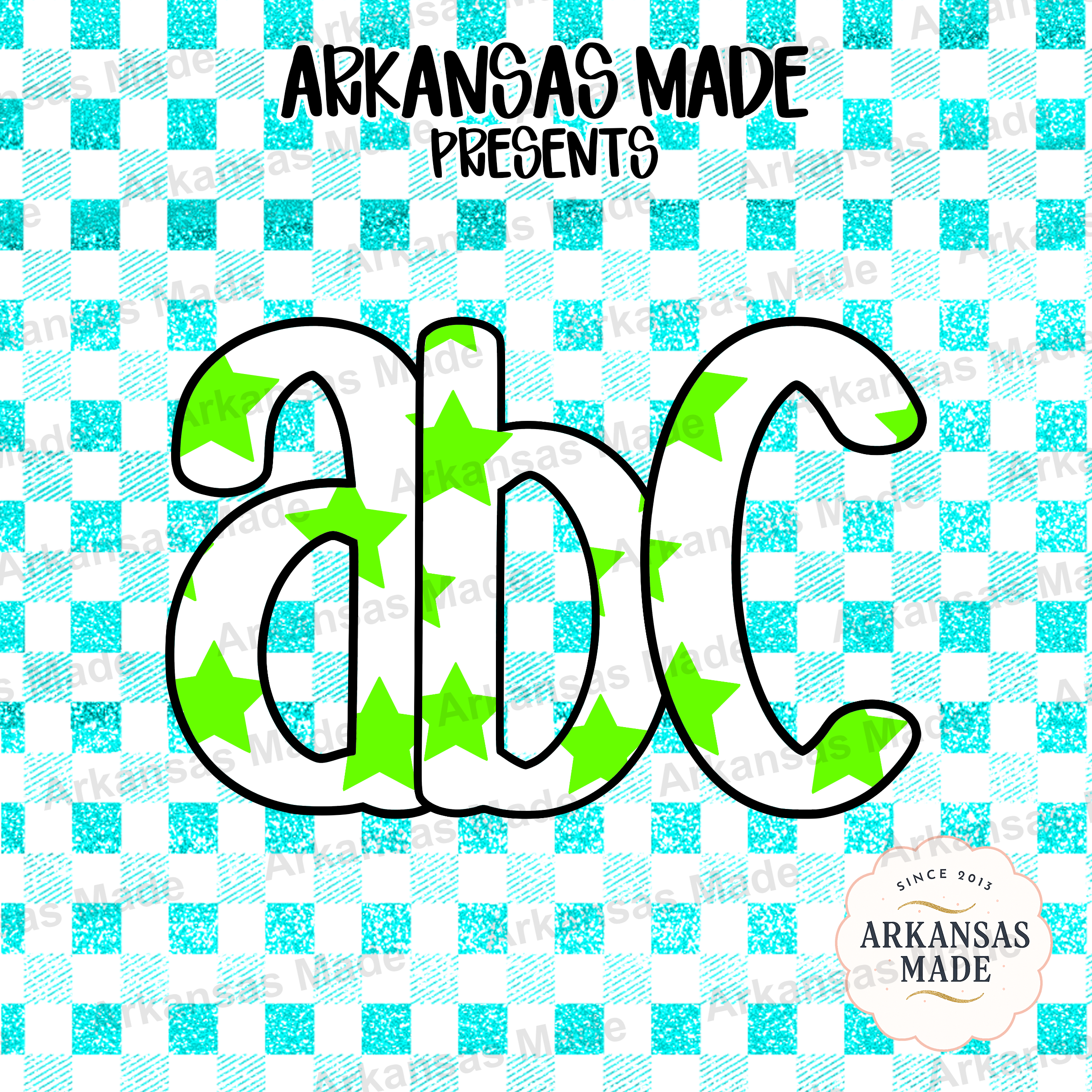 Digital Download Alpha Set, Neon Green Star Letters, Aqua Glitter Gingham Alphabet PNG, Kids Party Decor, Crafting Font, Sublimation - Image 4