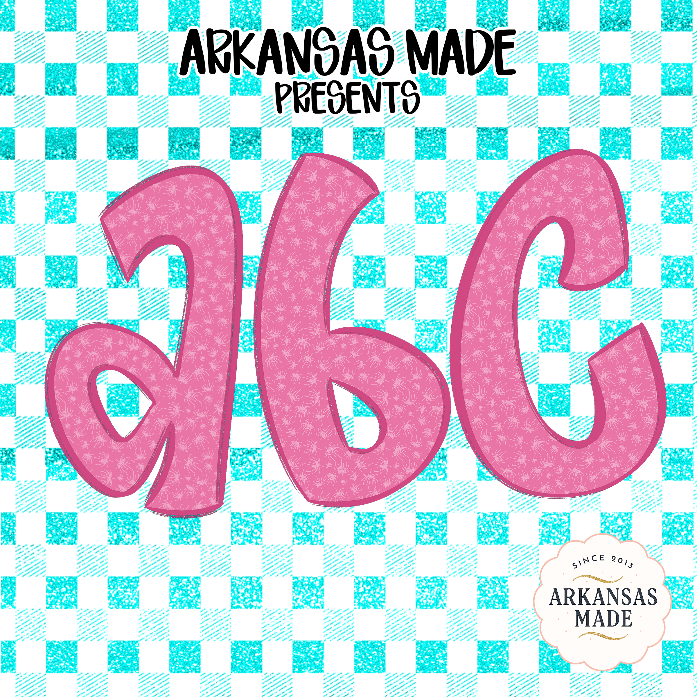 Pink Floral Glitter Alphabet, Teal Gingham Checkered A-Z, Digital Download, Sublimation DTF PNGs, Full Letter Set, Cute ABC Design