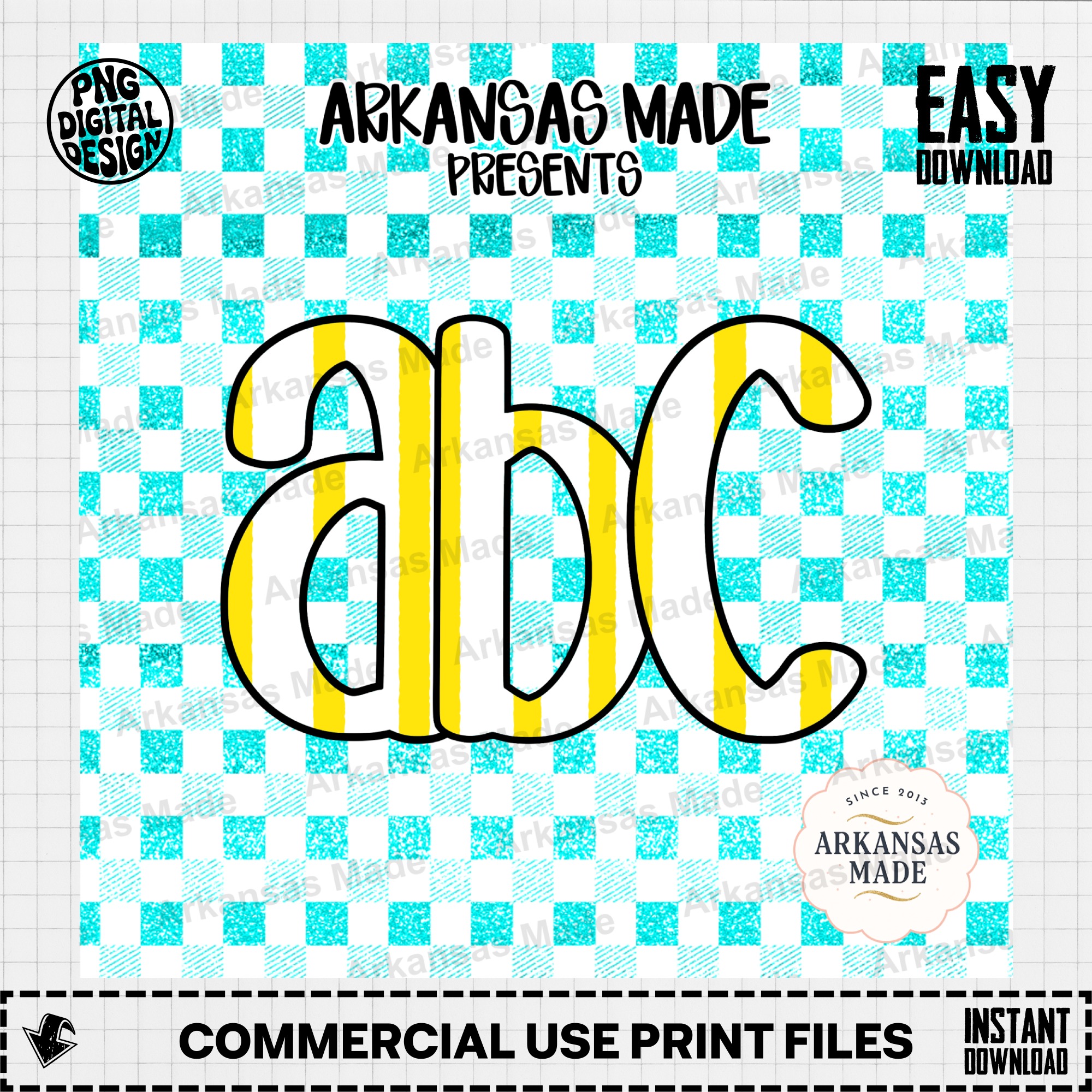 Teal Glitter Checkered ABC Letters Digital Download Alpha Set, Yellow Striped Alphabet PNG Bundle, Teacher Back to School Sublimation - Image 2
