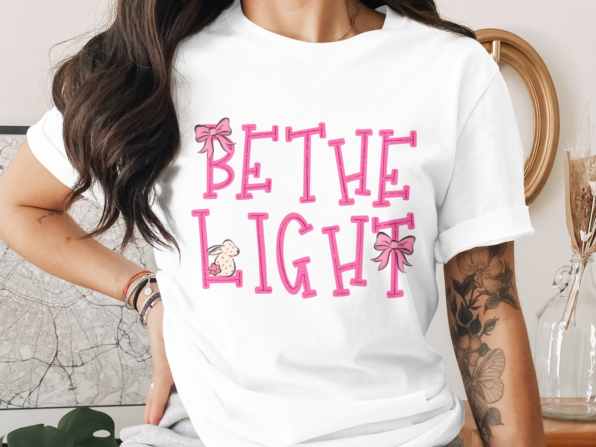 Be The Light PNG, Inspirational Quote Design, Pink Glitter Letters, Cute Bunny Bow, Digital Download Sublimation DTF PNG, Motivational