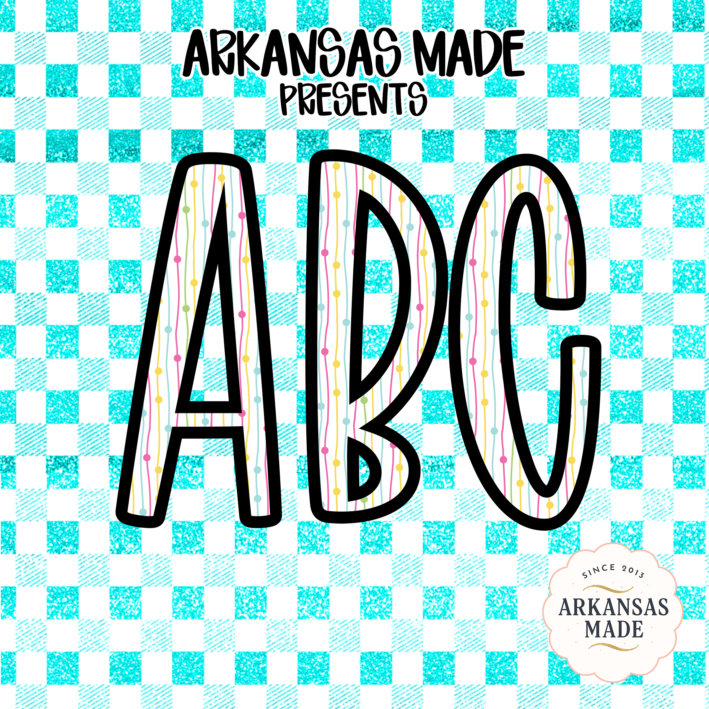 Digital Download Full A-Z Alpha, Glitter Teal Checkered Alphabet, Sublimation DTF PNGs, Colorful Striped Letters, ABC Print Set, Instant