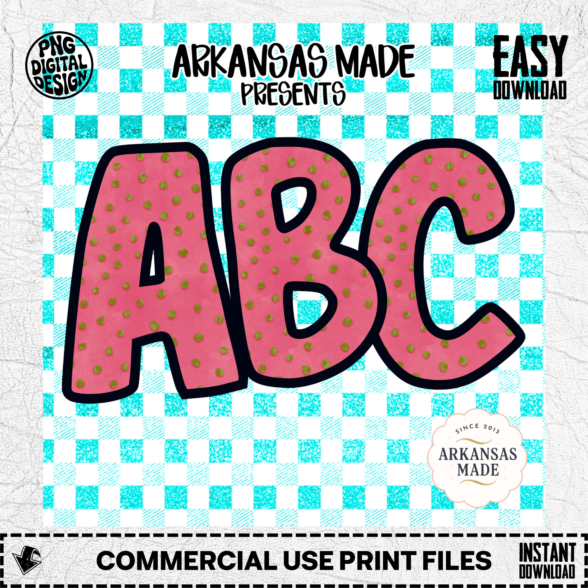 Pink Polka Dot ABC Alphabet, Teal Gingham Background, Digital, Digital Download Full A-Z Alpha, Sublimation DTF PNGs, Nursery Letters - Image 2