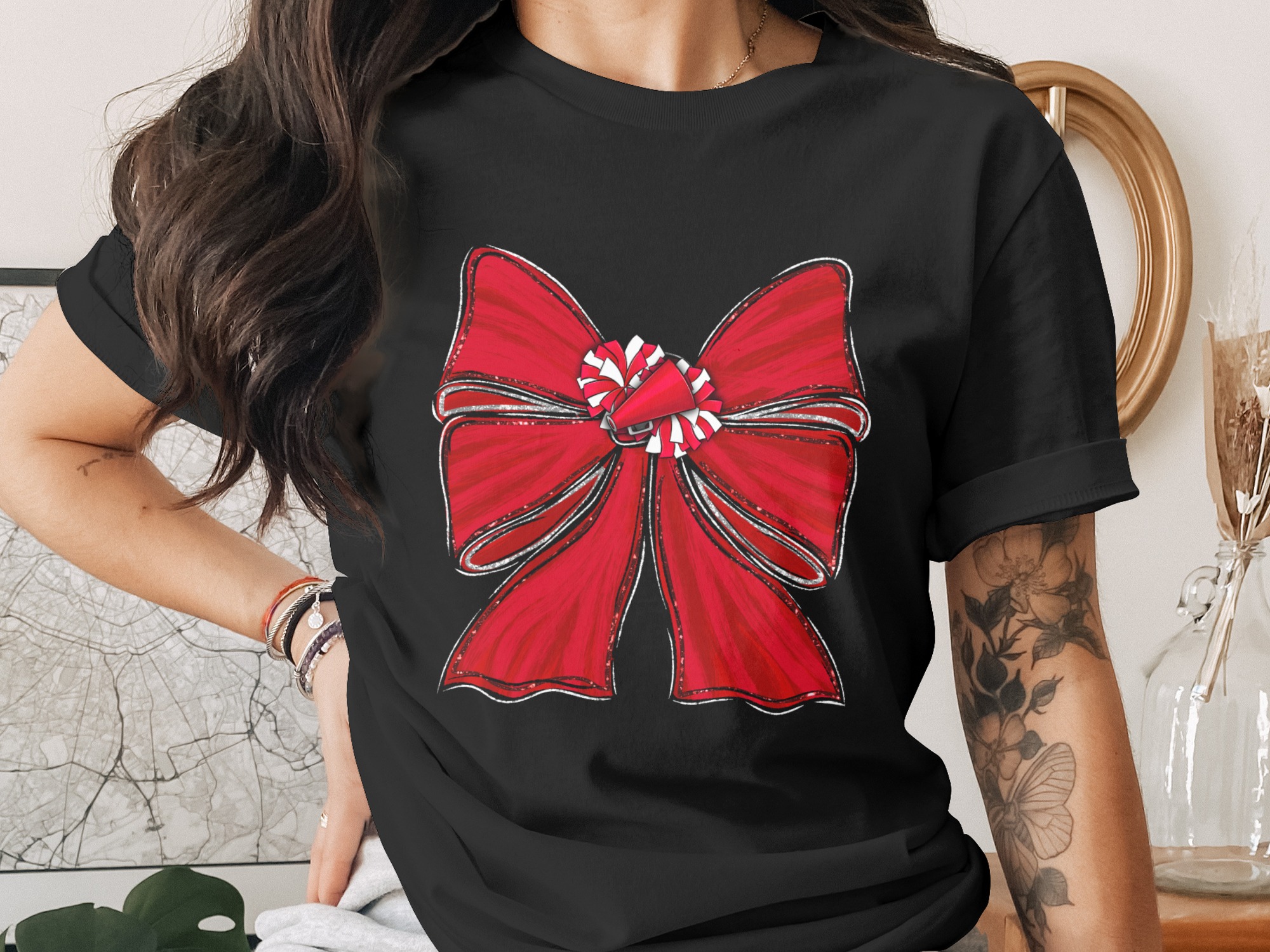 Red Cheer Bow PNG, Megaphone and Pom Pom Sublimation, Glitter School Spirit Digital Download, Distressed DTF Design, Team Sports Graphic - Image 2