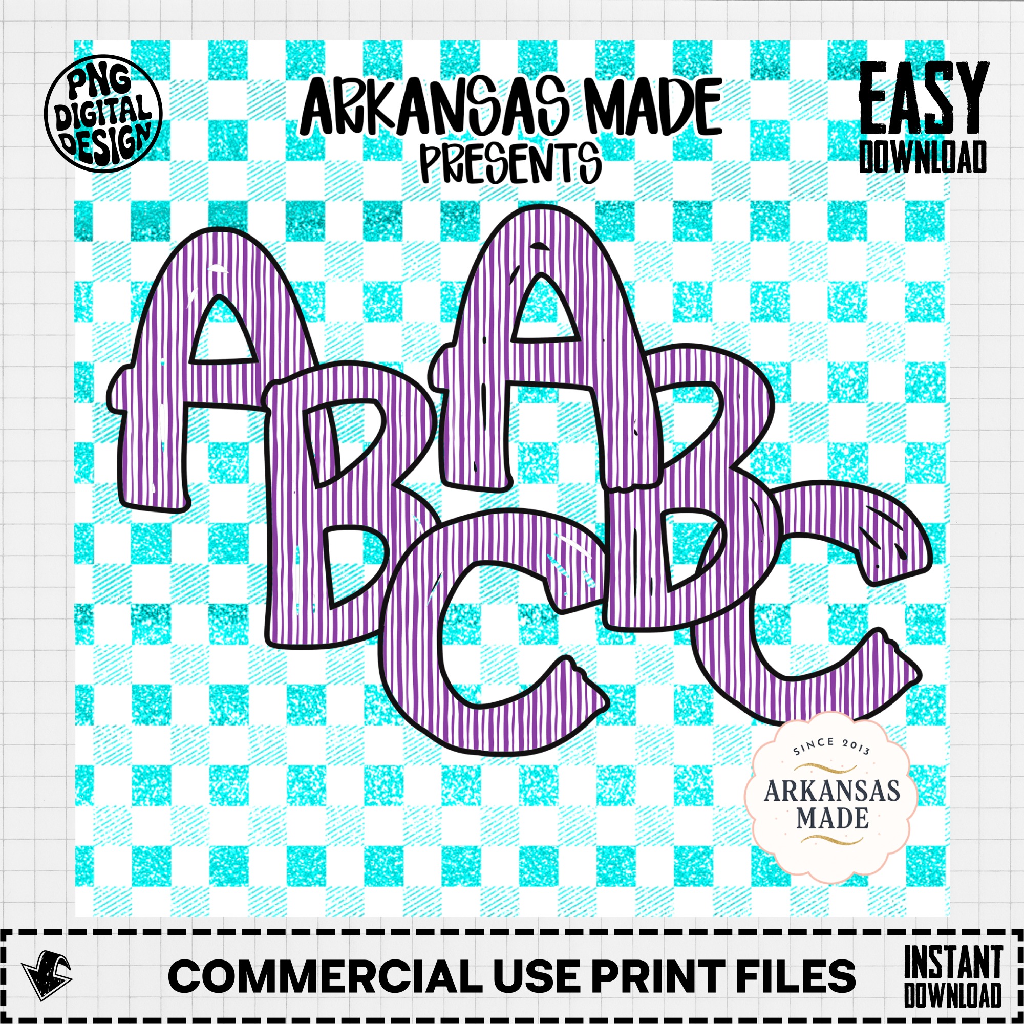 Striped Purple & Teal Faux Glitter Gingham Alphabet Digital Download, Fun ABC Letters Clipart Set, Teacher SVG PNG, Nursery Decor - Image 2