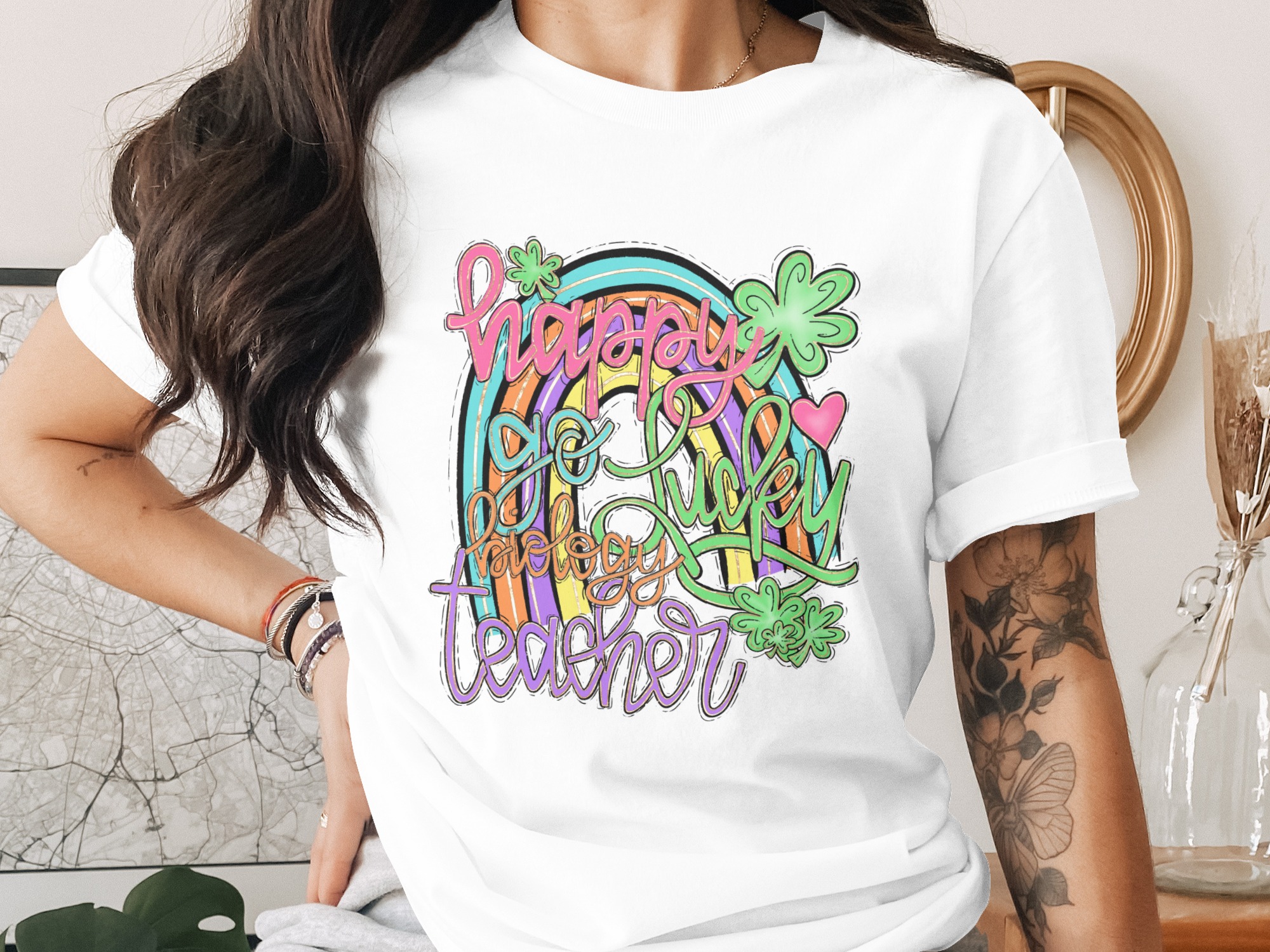 Happy Go Lucky Biology Teacher PNG, St Patricks Day Teacher Digital Download, Rainbow Shamrocks Sublimation DTF File