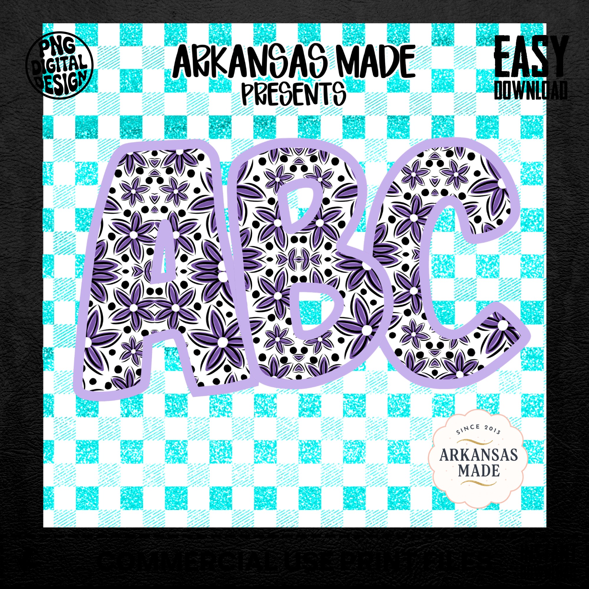 Purple Floral Mandala Alphabet Letters, Digital Download Full A-Z Alpha Set, Aqua Buffalo Plaid Sublimation DTF PNGs, ABC Font - Image 5