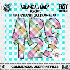 Scribble Plaid Alphabet Numbers Digital Download PNG Set for Sublimation, Teacher Supplies & Nursery Decor, Faux Glitter Alpha