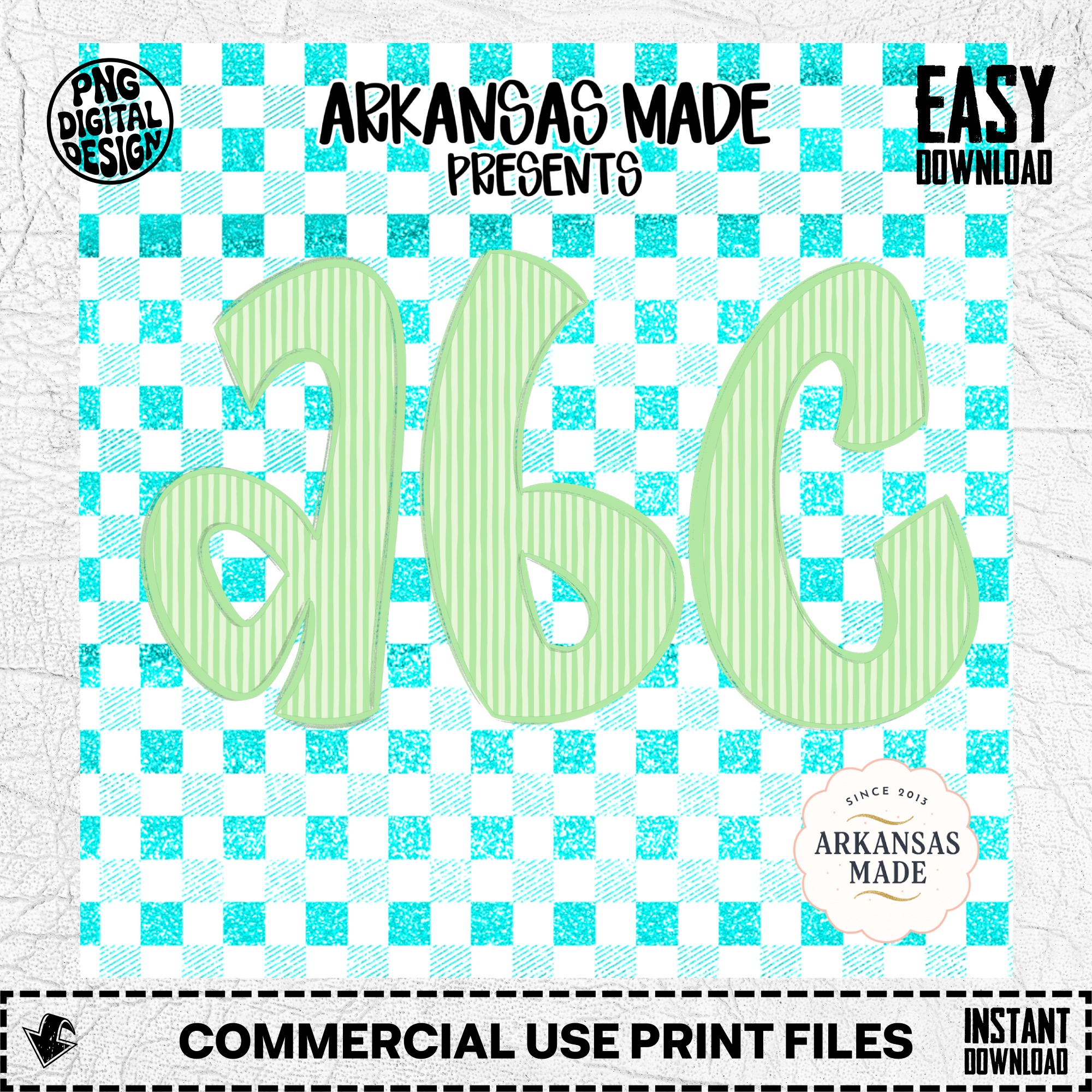Aqua Gingham Striped Full A-Z Lowercase Alphabet, Digital Download PNGs, Sublimation DTF Ready Files, Mint Green Letters, Craft Print Design - Image 2