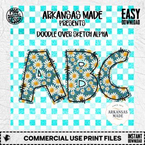Daisy Alpha Set Digital Download, Boho Floral Doodle Letters PNG, Teal Gingham Glitter Alphabet for Sublimation T-shirts & Crafts
