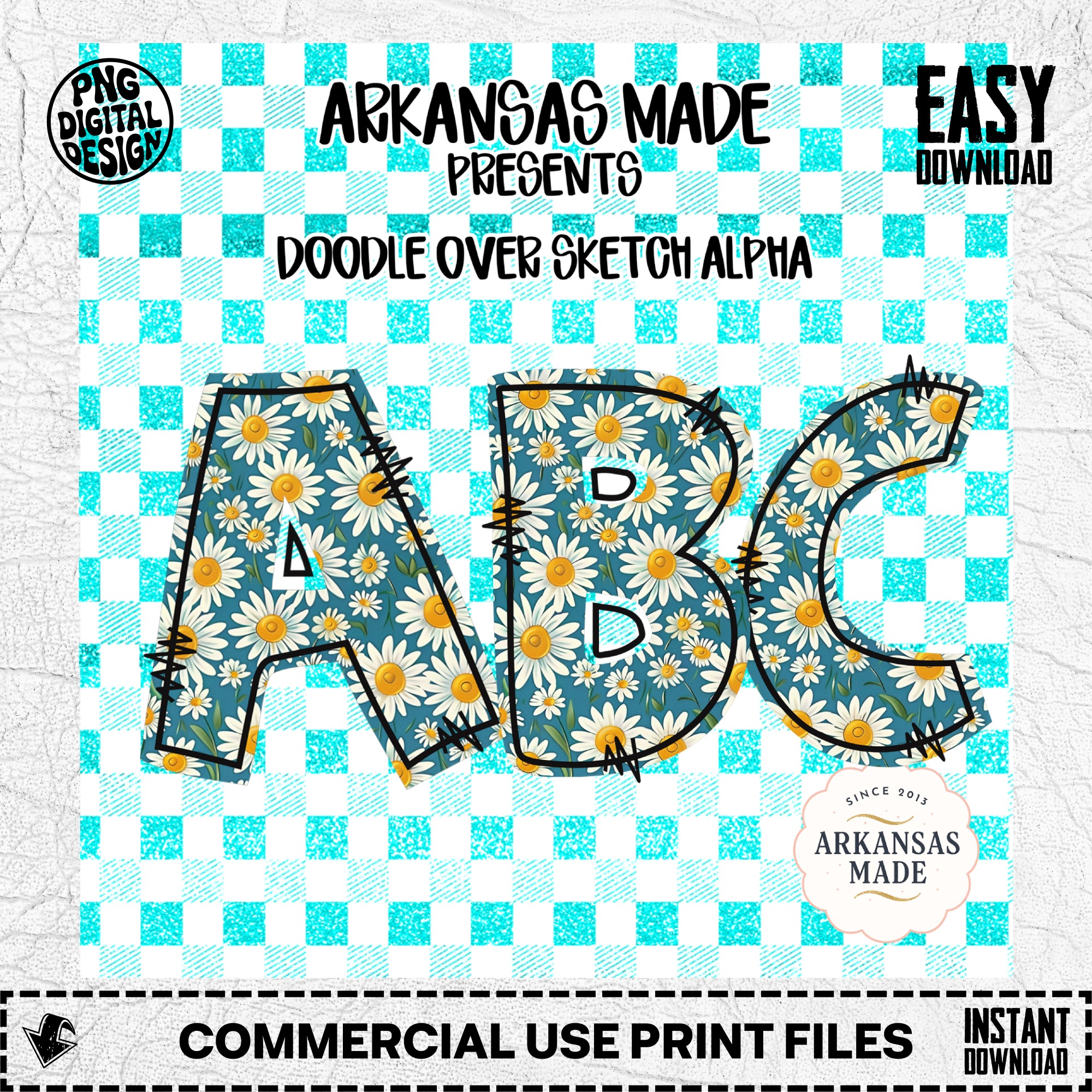 Daisy Alpha Set Digital Download, Boho Floral Doodle Letters PNG, Teal Gingham Glitter Alphabet for Sublimation T-shirts & Crafts