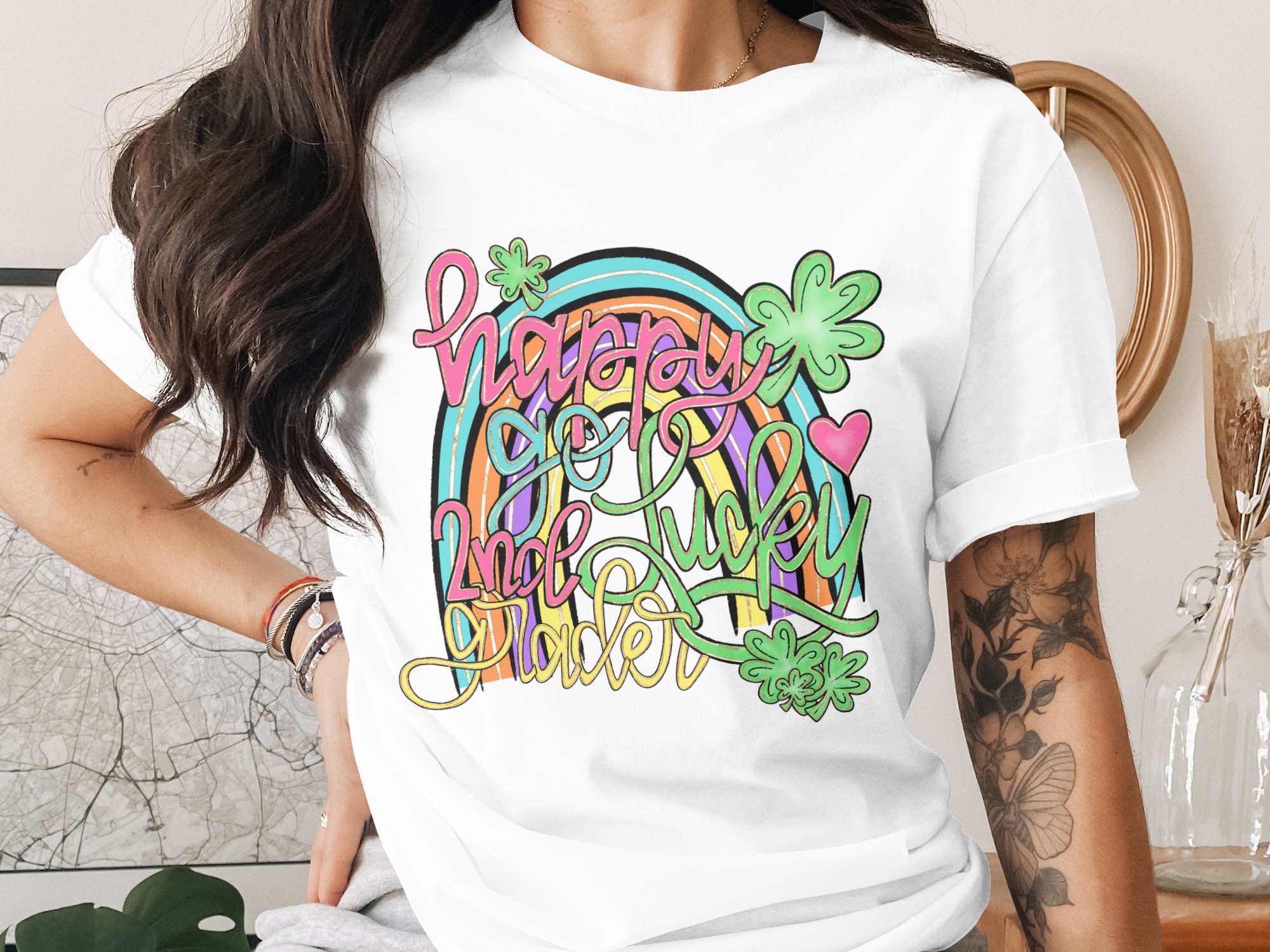 Happy Go Lucky 2nd Grader PNG, St Patricks Day Rainbow Digital Download, Shamrock Clover Heart Sublimation DTF