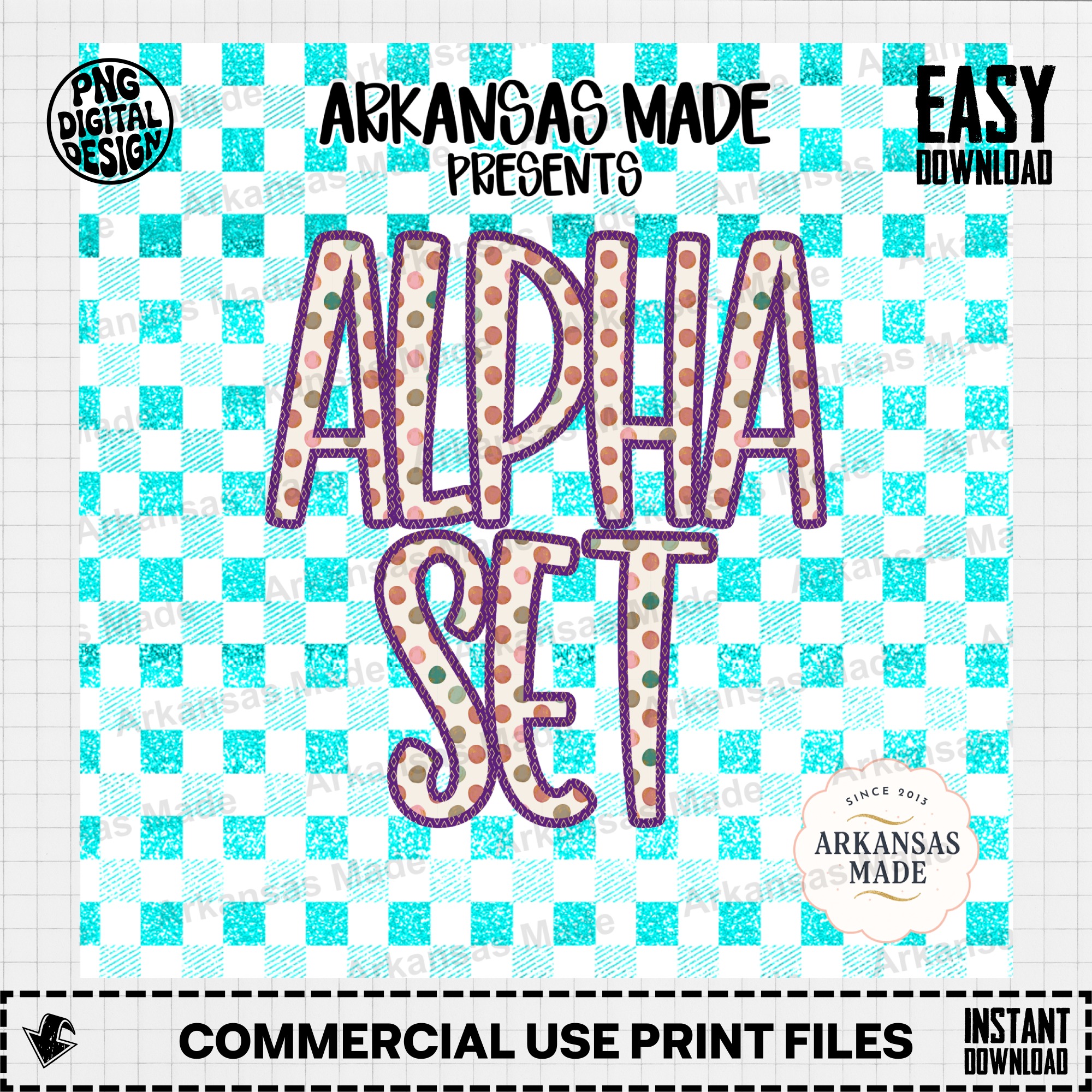 Polka Dot Alpha Set Digital Download, Faux Gold Glitter Letter Font, Teal Buffalo Plaid PNG for Sublimation, Crafter Alpha Pack, Instant - Image 2