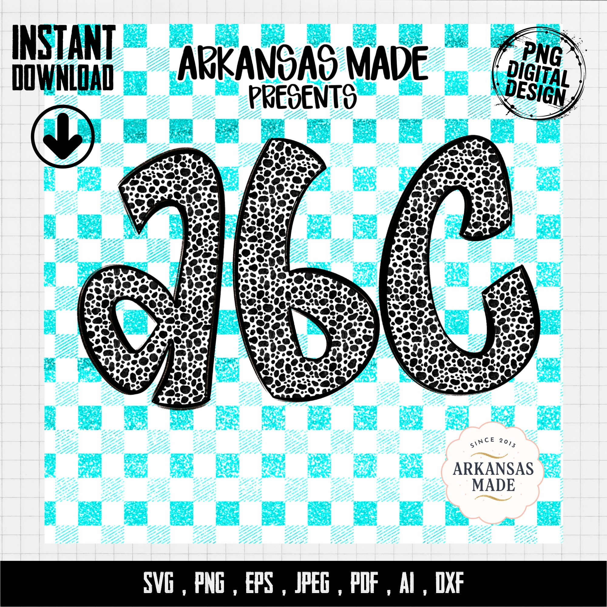 Dalmatian Alphabet Digital, Full A-Z Alpha Sublimation DTF PNGs, Spotty Letters Download, Animal Print Font, Teal Checkered ABCs - Image 4