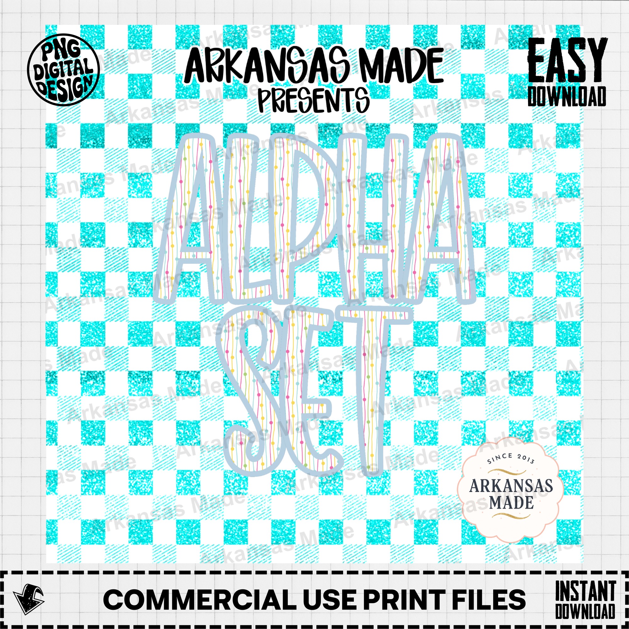 Digital Alphabet Set Aqua Gingham Alpha Download, Faux Glitter Dotted Line Letters PNG, Playful Sublimation Font Design - Image 2