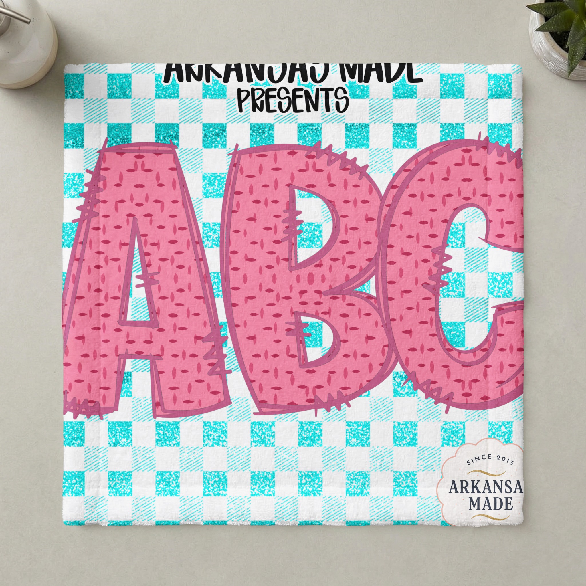 Digital Download Full A-Z Alphabet, Sublimation DTF PNGs, Pink Textured ABC Letters, Turquoise Gingham Background, Arkansas Made Art - Image 6