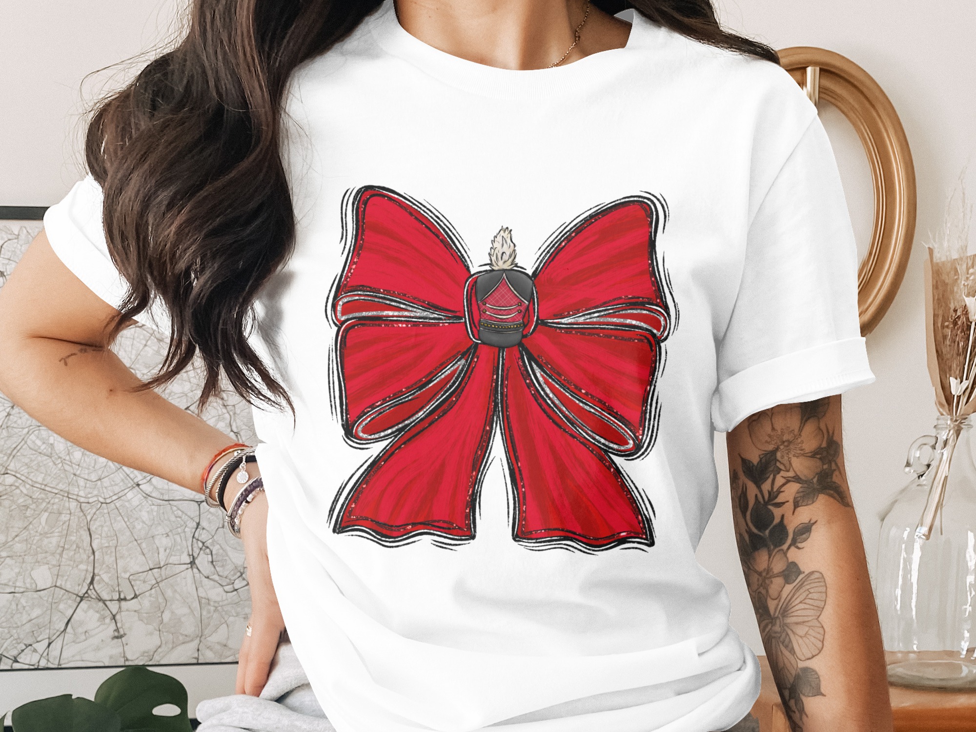 Majestic Red Glitter Bow Marching Band Digital Download, Elegant Uniform DTF PNG Sublimation, Festive Holiday Glamour T-Shirt Graphic Art