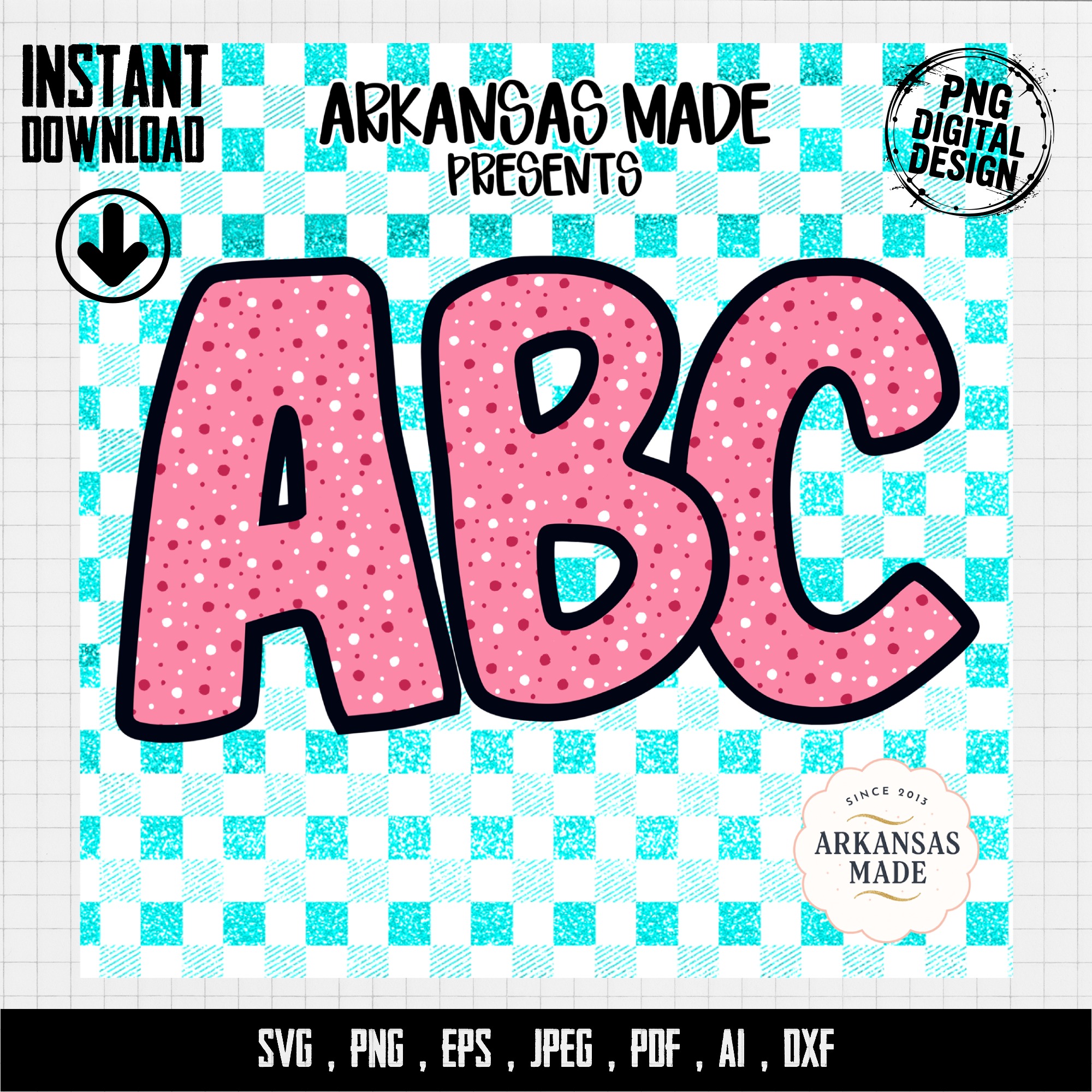 Digital, Digital Download Full A-Z Alpha, Pink Polka Dot Alphabet, Cute Letter Sublimation, Checkered Background DTF PNGs, ABC Clipart Set - Image 4