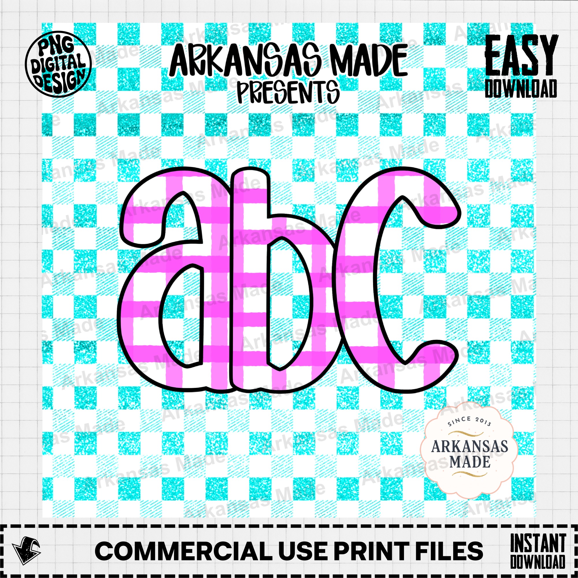 Pink Gingham Alpha Set Digital Download, Preppy Teal Glitter Buffalo Plaid Letters, ABC Clipart Bundle, Nursery Decor DIY Craft PNG - Image 2