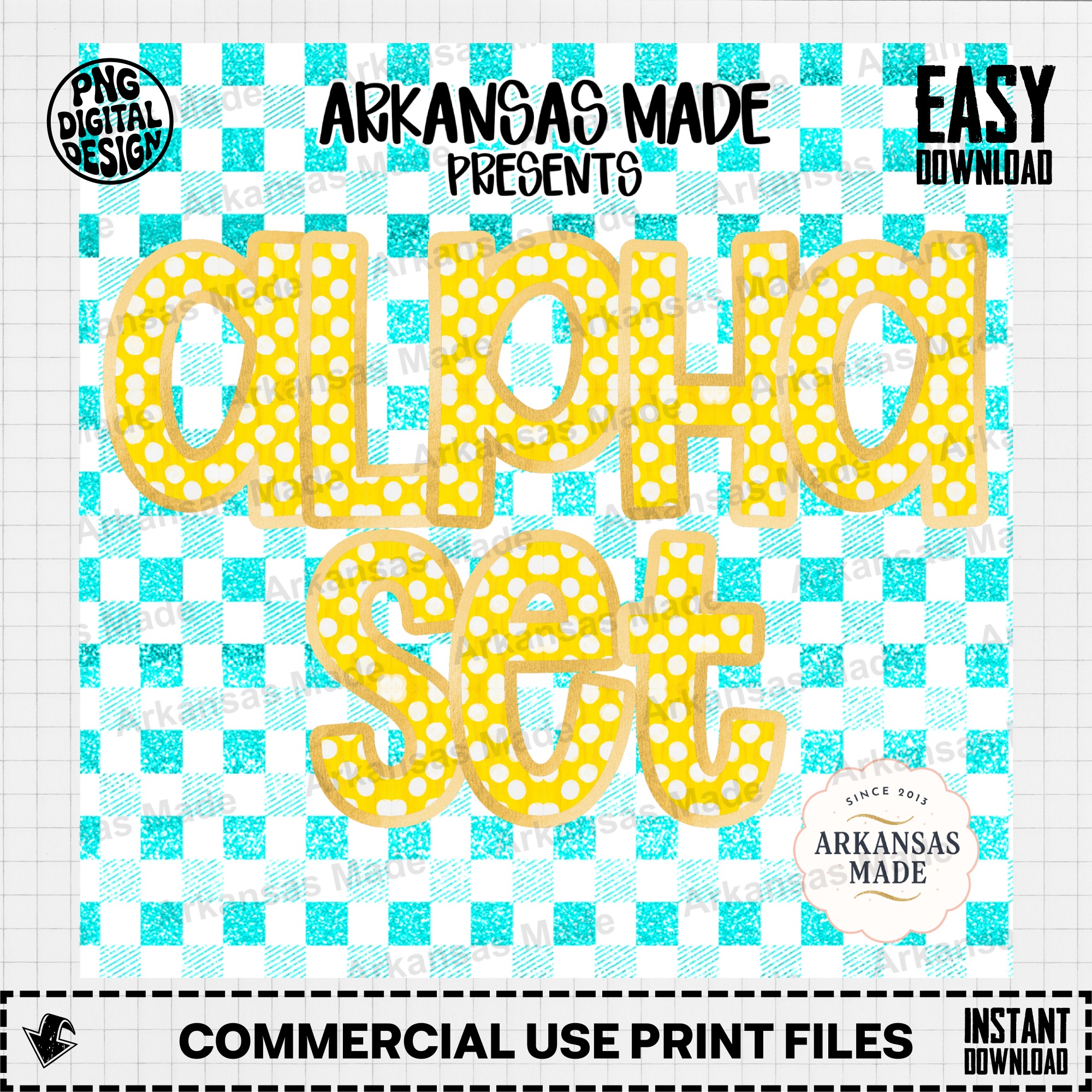 Yellow Polka Dot Digital Alpha Set | Faux Gold Outline Letters | Aqua Glitter Gingham Alphabet PNG Clipart Bundle - Image 2