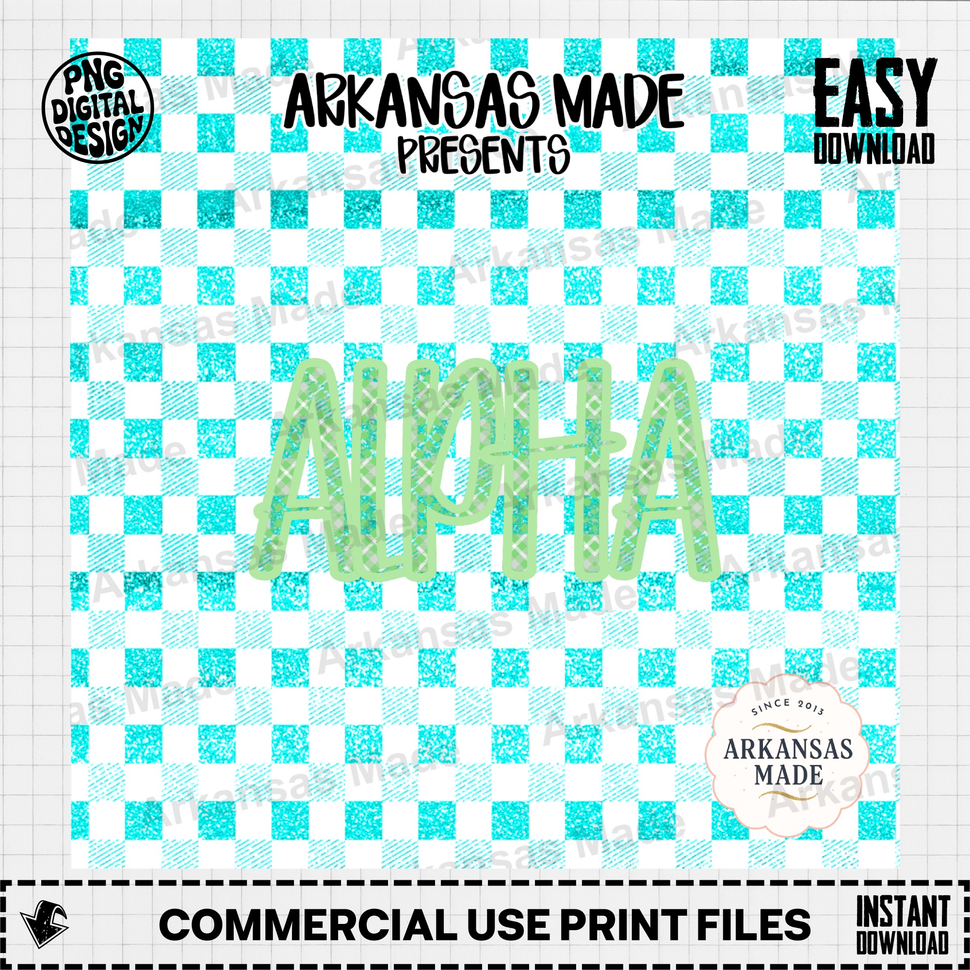 Green Plaid Alpha Sorority PNG Digital Download, Teal Glitter Gingham Checkered Collegiate Sublimation Design - Image 2
