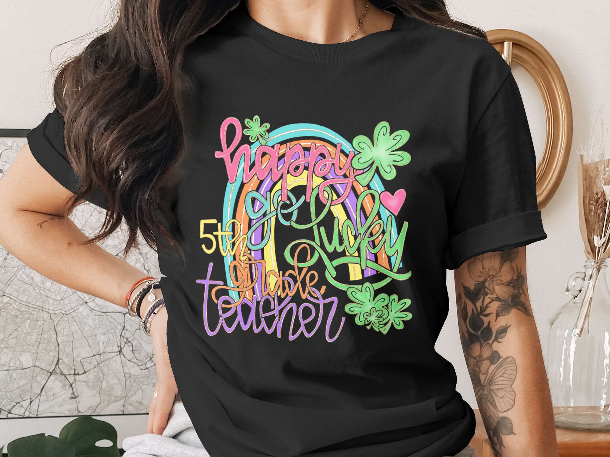Happy Go Lucky 5th Grade Teacher PNG, St Patricks Day Sublimation Design, Rainbow Clover, Digital Download, DTF File For Teachers - Image 2